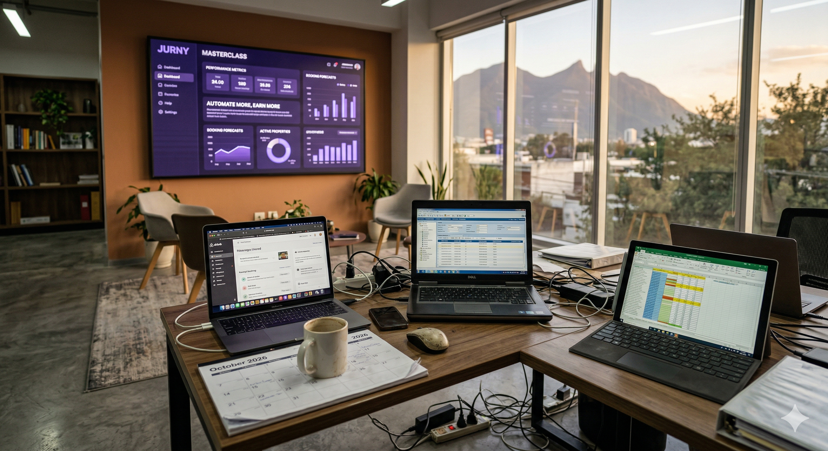 Photorealistic wide photo inside a modern short-term rental management office, late afternoon. Warm natural light coming through floor-to-ceiling windows. A cluttered desk in the foreground has multiple laptops open on different platforms — Airbnb, a legacy PMS dashboard, a spreadsheet — cables everywhere, a cold coffee cup sitting on top of a printed calendar. In the background, a large screen on the wall shows a clean, minimal AI dashboard with glowing data visualizations in deep purple and white. The contrast between the chaotic desk and the clean AI screen is the central tension of the image. Nobody in the shot — just the environment telling the story. Shot on Sony A7IV, 50mm lens, f/1.8, ultra-realistic, photorealistic, no CGI, no illustration, no digital art, natural office daylight, slightly desaturated foreground vs. glowing background.