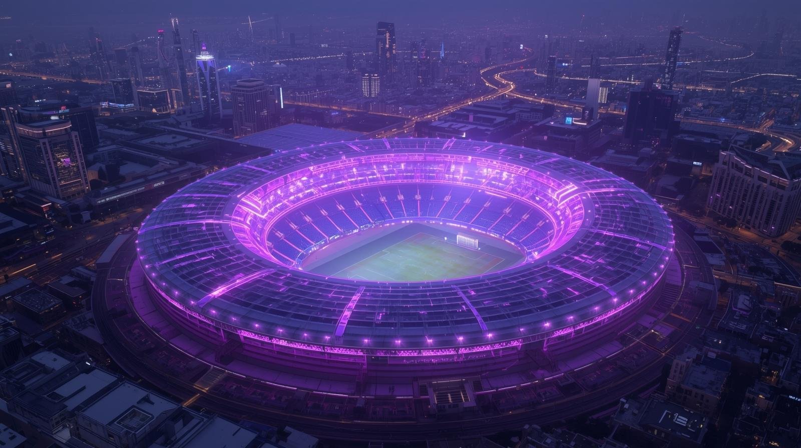 soccer stadium in a city futuristic in purple