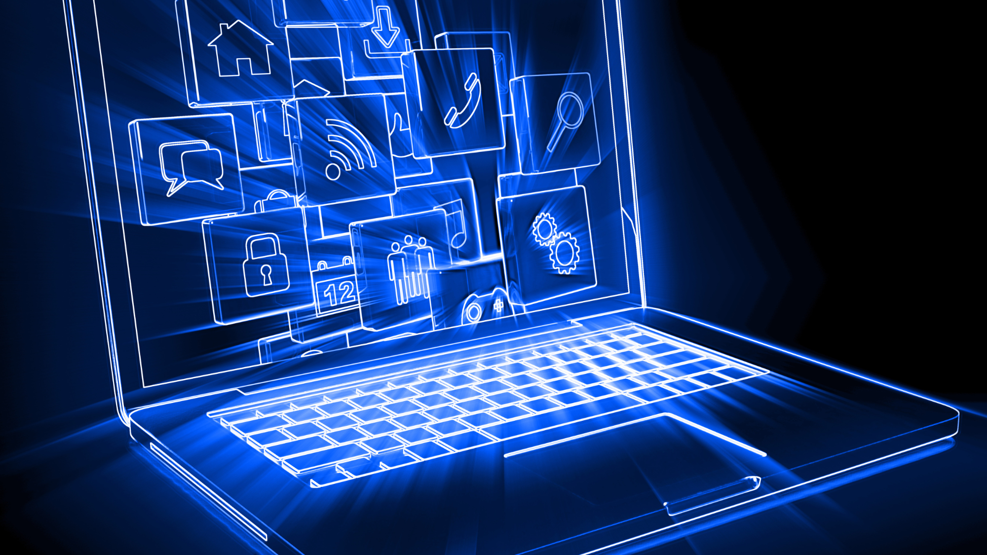 Futuristic laptop illustration with glowing blue highlights and multiple software tool icons, symbolizing Jurny’s AI replacing obsolete hospitality tools.
