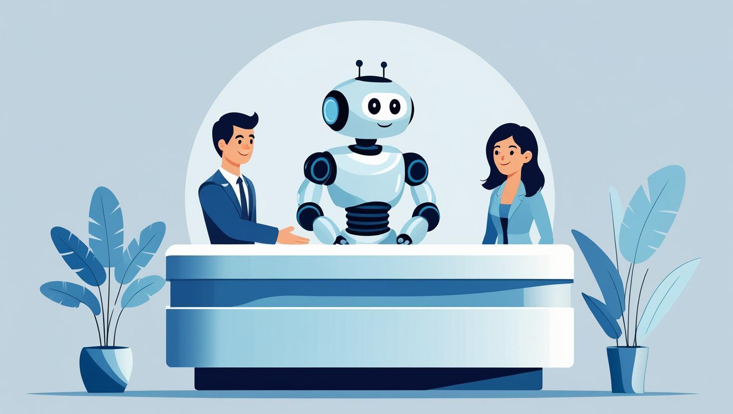 Cartoon robot at a hotel reception with two human hosts, symbolizing Jurny’s AI agents transforming hospitality operations from PMS to autonomous execution.