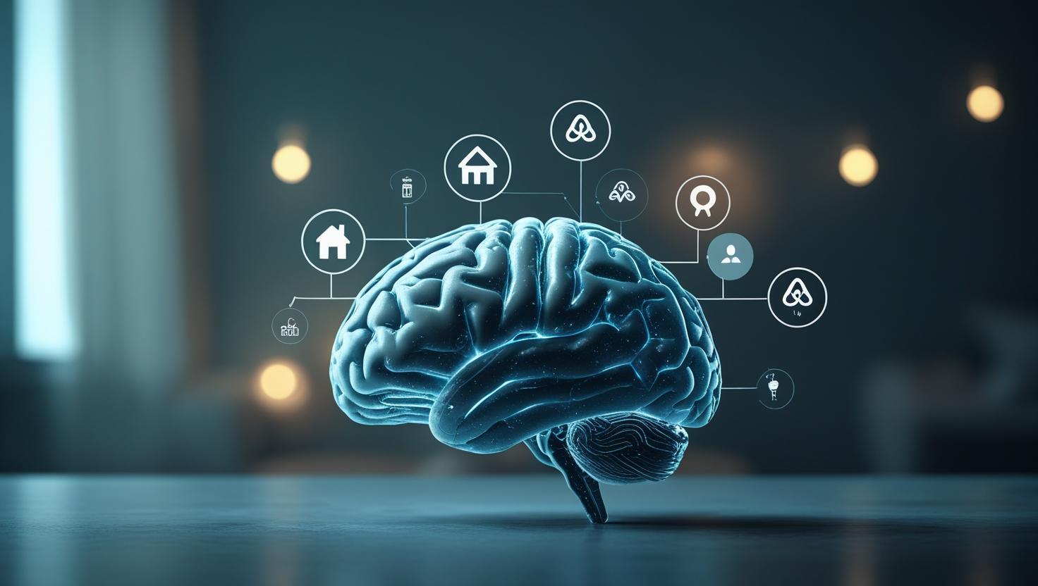 AI-generated brain with hospitality property management icons, symbolizing JurnyOS agentic AI powering autonomous hotel and rental operations.