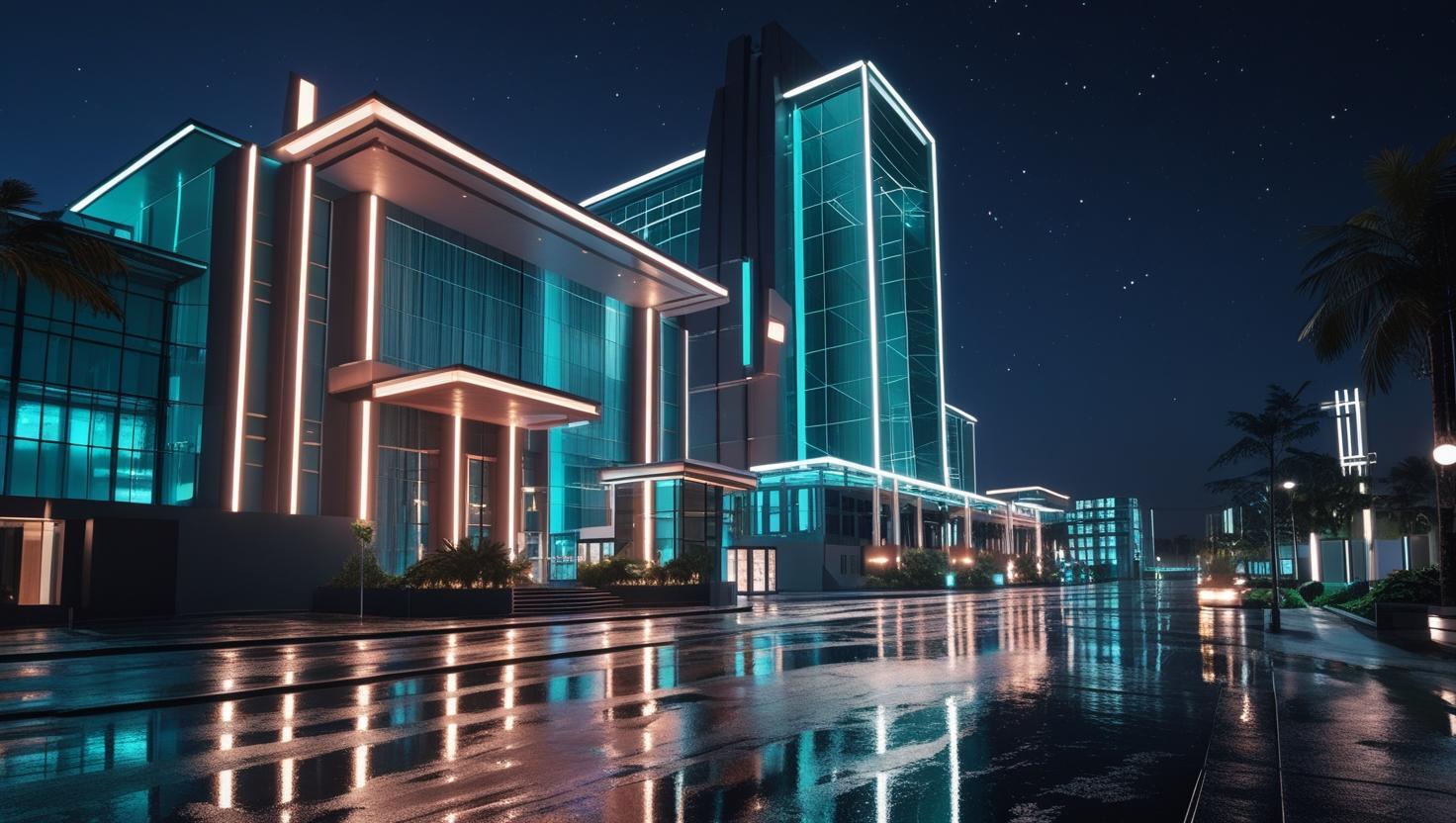 AI-generated futuristic exterior of a large hotel, symbolizing JurnyOS agentic AI transforming hospitality with autonomous operations.