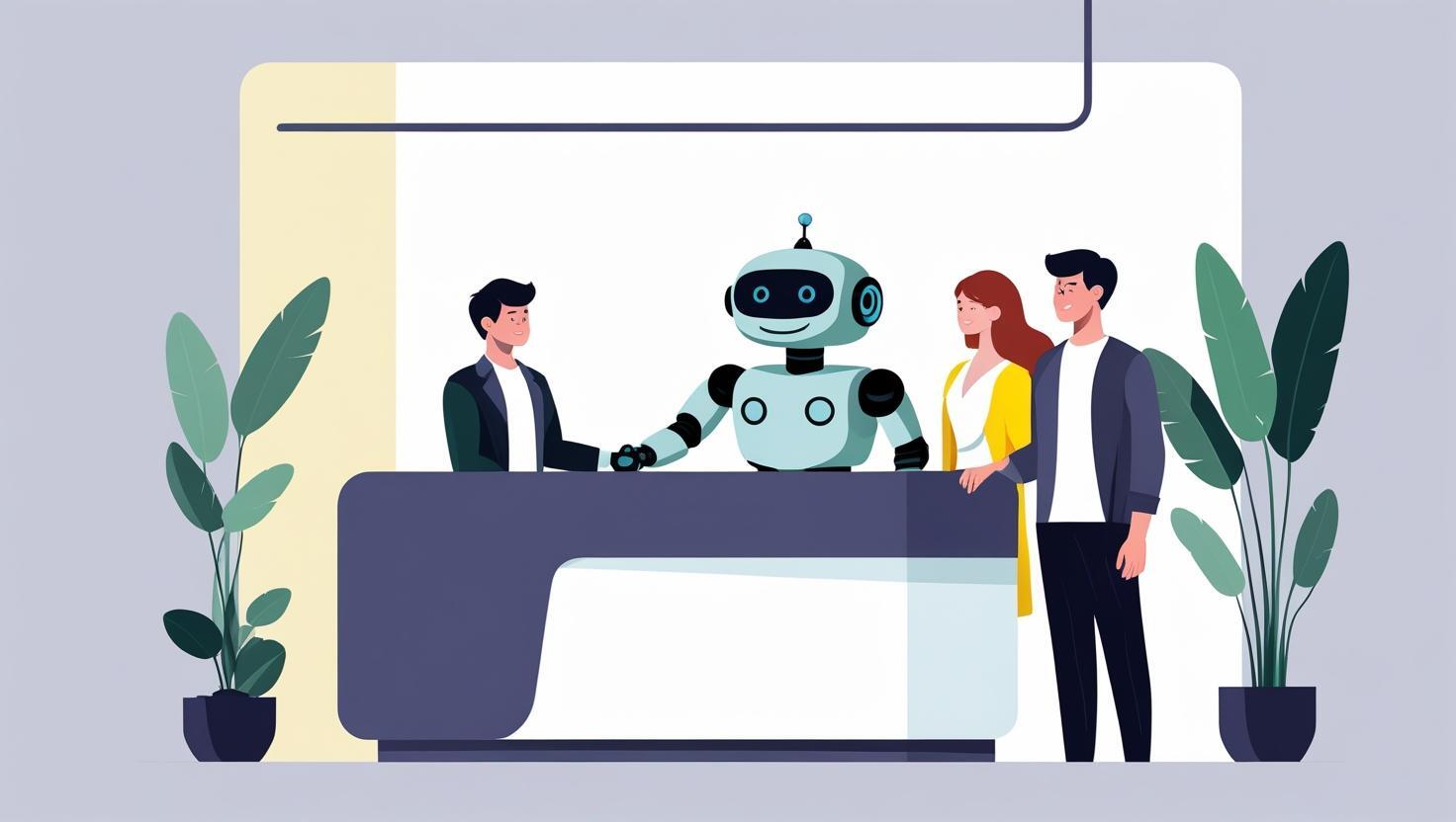 Cartoon robot greeting guests at a hotel reception, symbolizing Jurny’s agentic AI redefining hotel operations with autonomous execution.