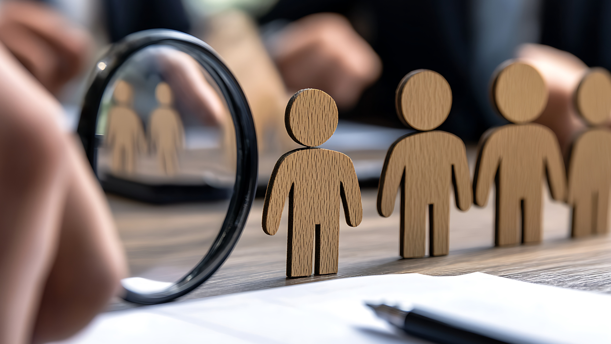 A magnifying glass highlighting a wooden figure among others, representing real-time personalization and guest differentiation.