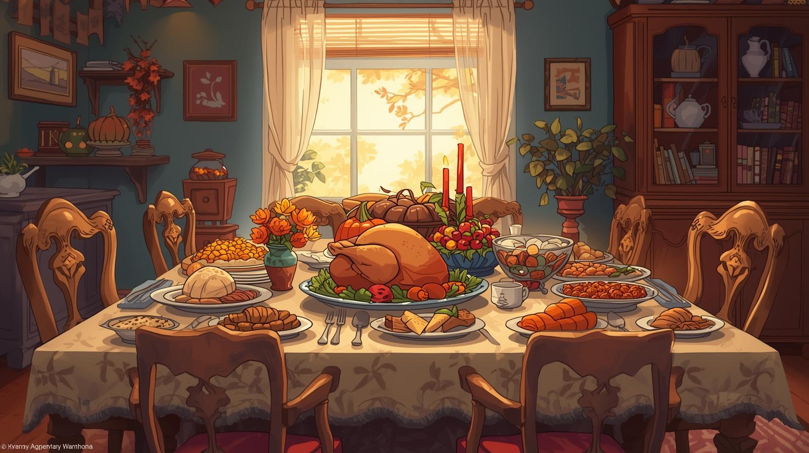A warm, cozy cartoon illustration of a Thanksgiving dining table set inside an apartment, filled with food, autumn colors, and festive decor — symbolizing gratitude, abundance, and how Agentic AI systems give hospitality operators the freedom to enjoy moments like these.