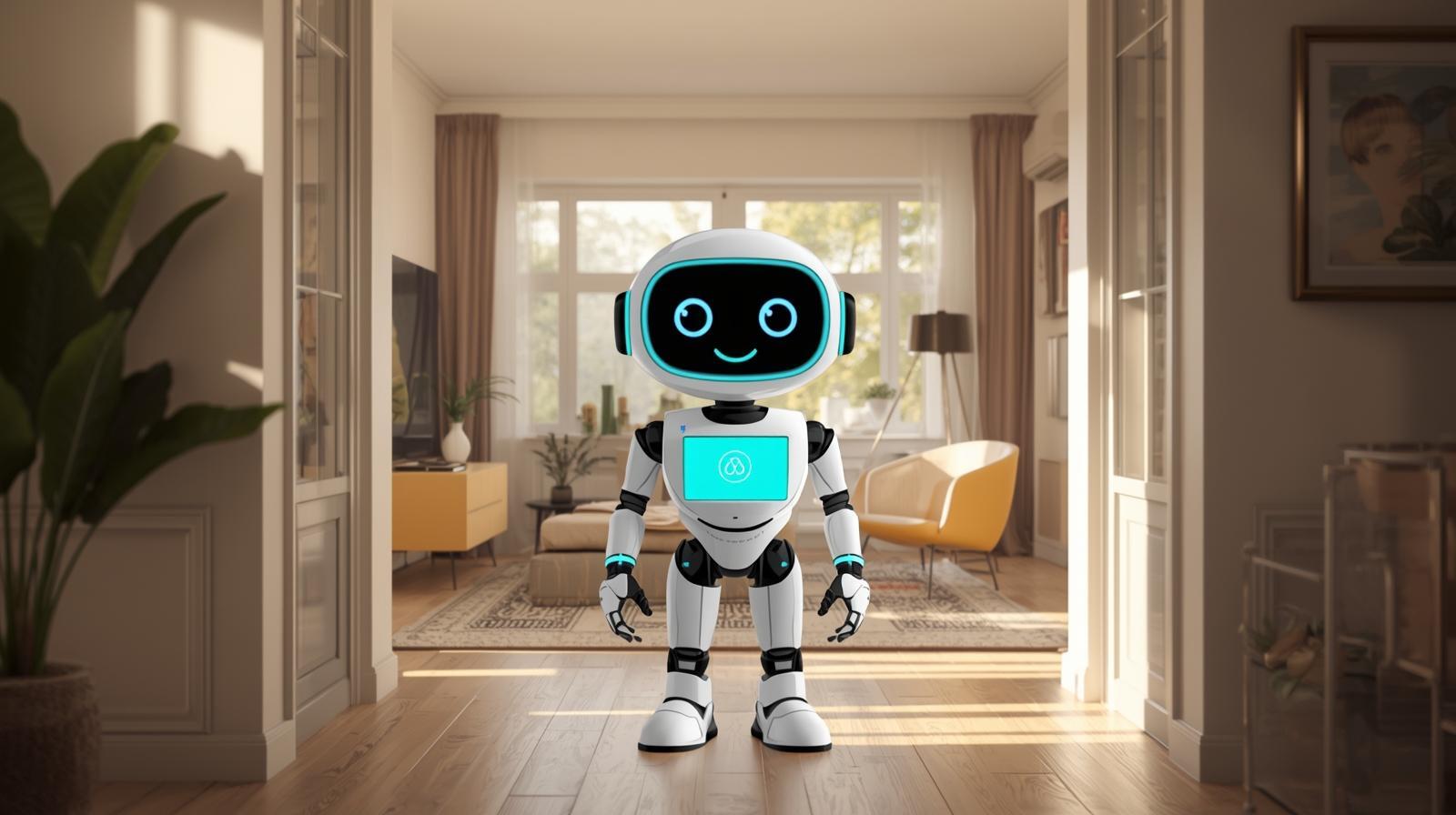 A friendly, cartoon-style AI concierge robot standing inside a bright, modern Airbnb-style apartment, welcoming guests with a glowing digital interface. The scene reflects hyper-personalized, automated hospitality powered by Jurny’s Agentic AI.