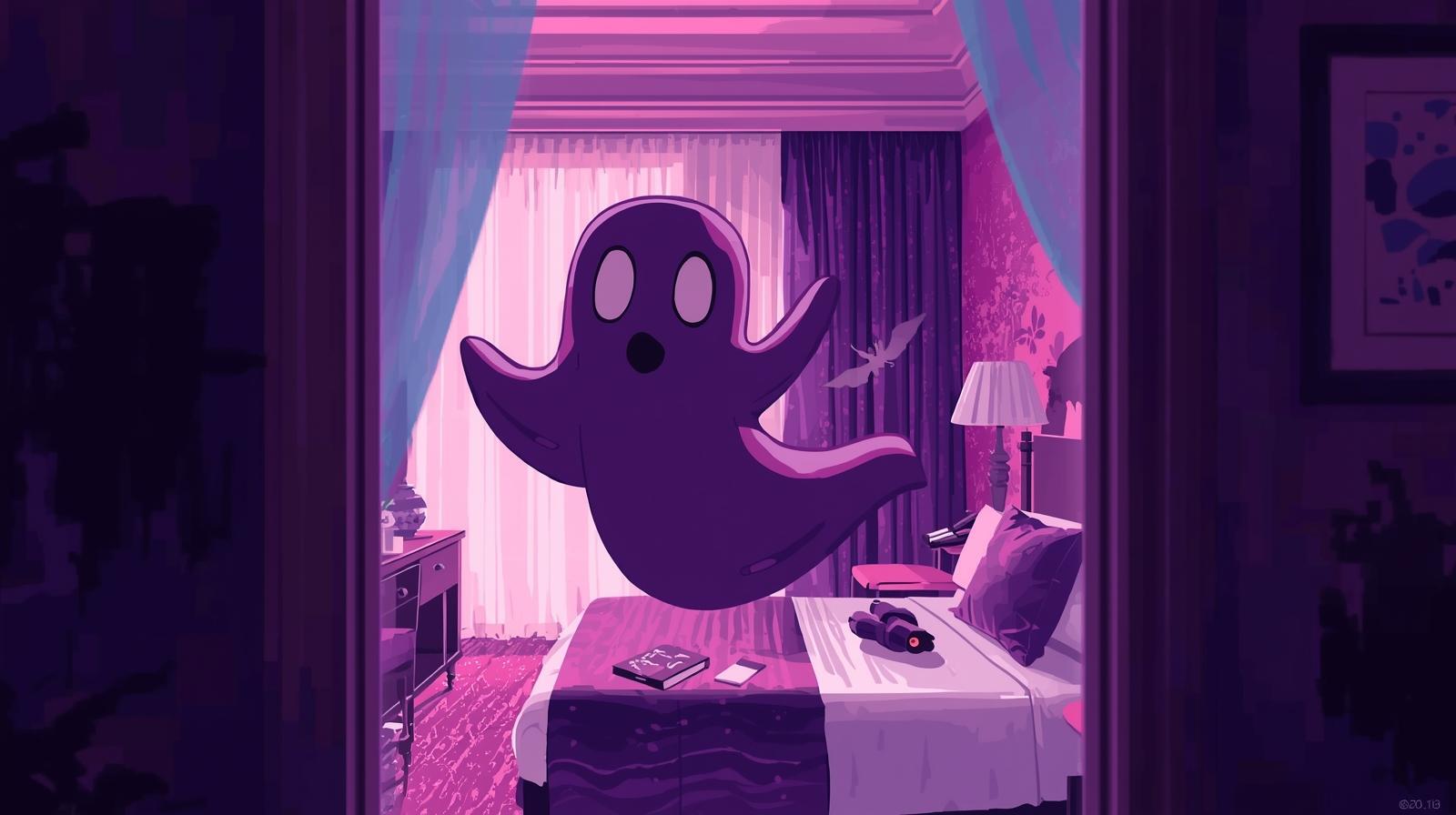Cartoon illustration of a playful ghost inside a hotel room, symbolizing outdated hospitality systems haunting operations before Agentic AI automation with Jurny.