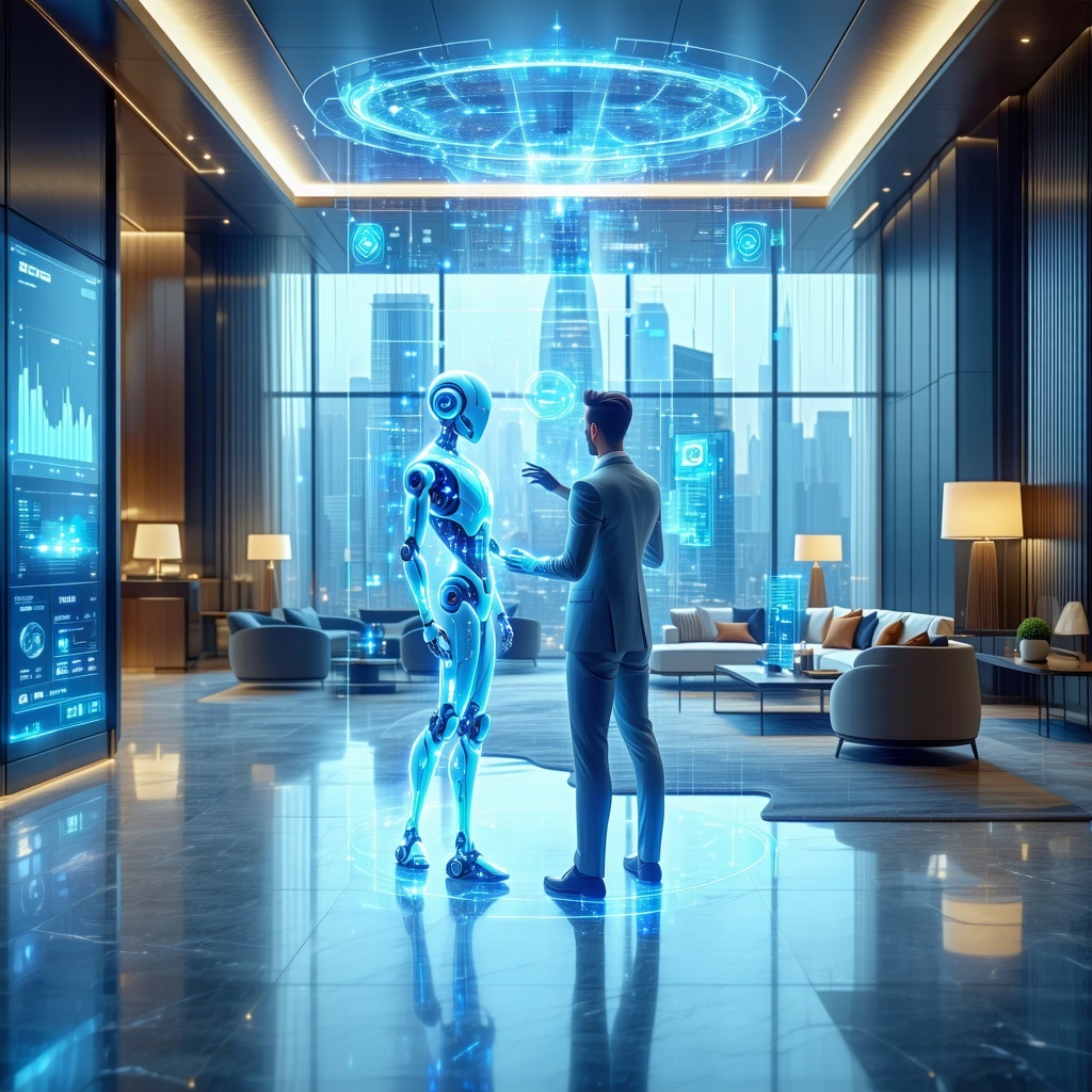 Person standing with a humanoid robot inside a futuristic building, symbolizing Jurny’s Outsource-as-a-Service model in hospitality.