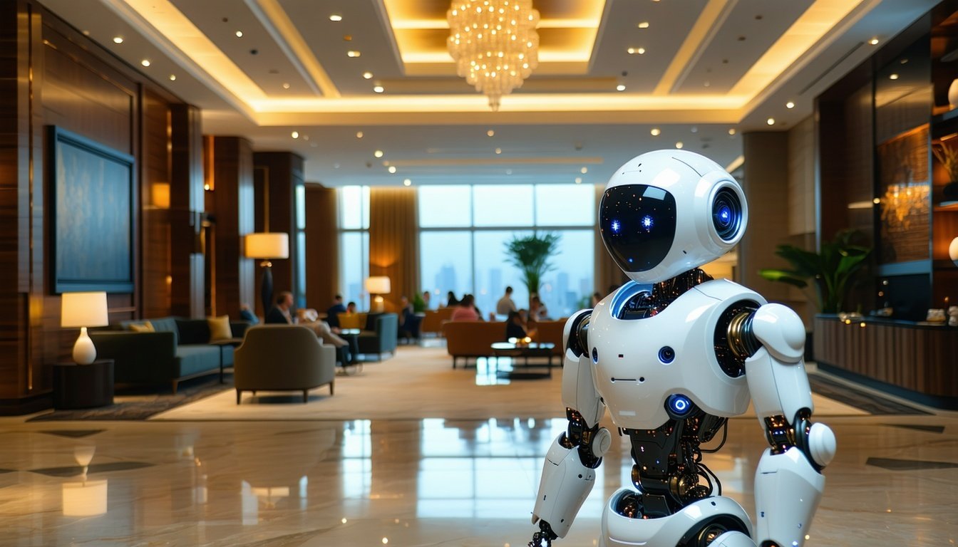 AI robot standing in a hotel lobby symbolizing Jurny’s NIA Co-Pilot, the intelligent assistant that executes hospitality operations autonomously.
