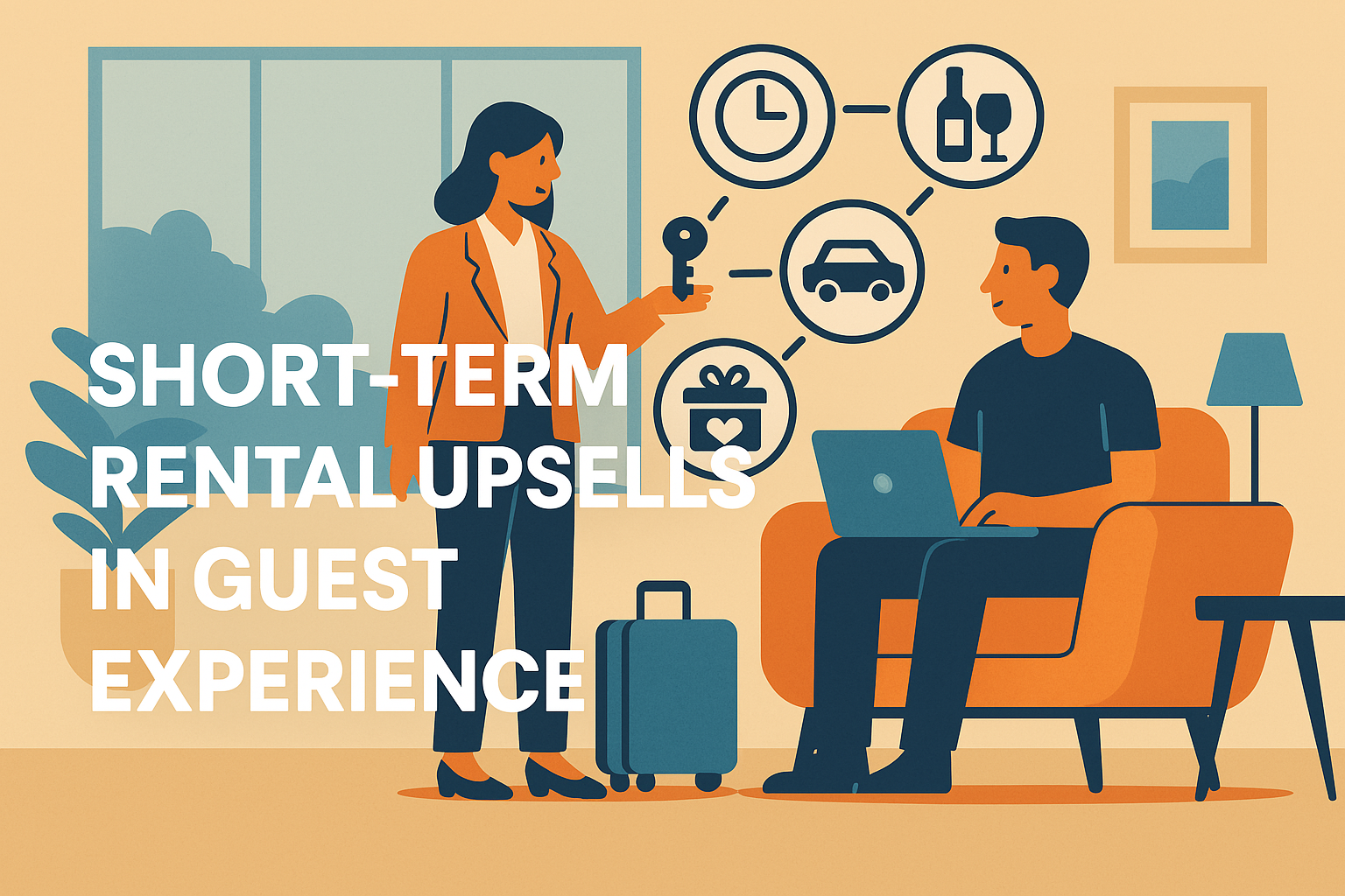 Cartoon of a property manager with a laptop on a couch and a woman handing keys to a guest, symbolizing Jurny’s AI-powered guest upsells for STRs.