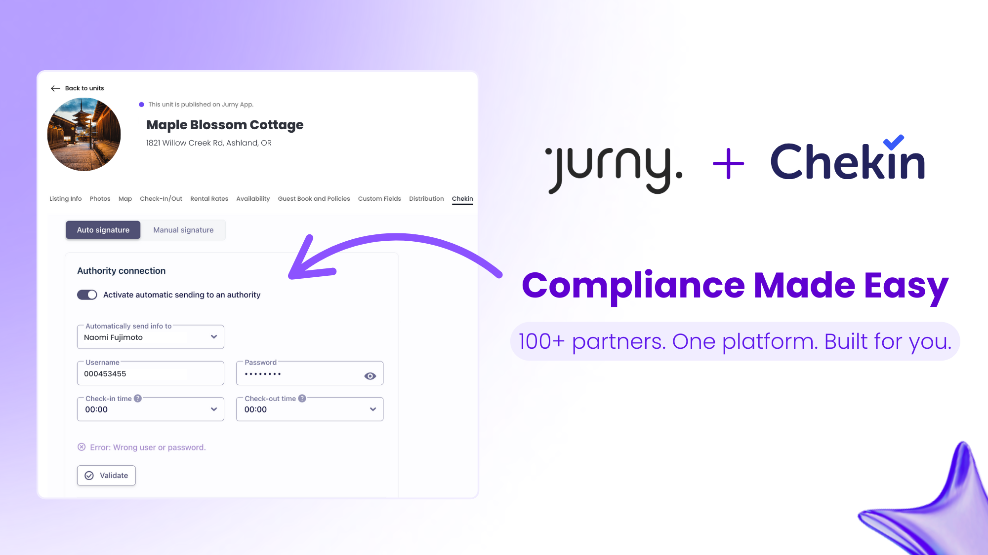 Screenshot of Jurny OS with CheKin integration, featuring Jurny and CheKin logos together under the tagline “Compliance Made Easy.
