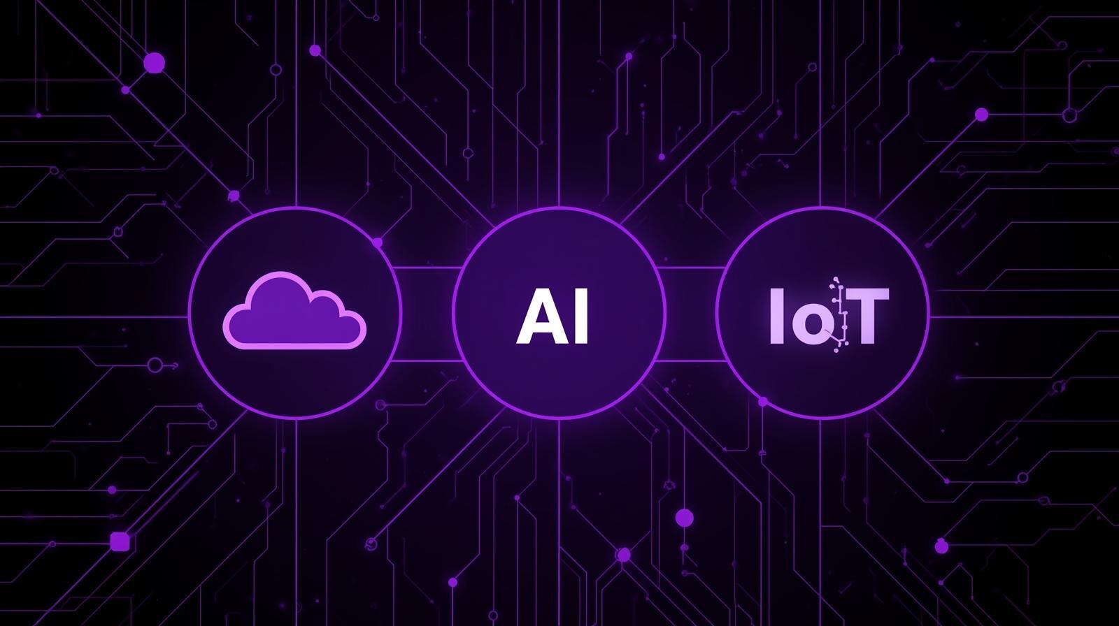 Futuristic black and purple digital background showing interconnected icons for Cloud, AI, and IoT, symbolizing the triad powering next-generation property management and hospitality automation in 2026.