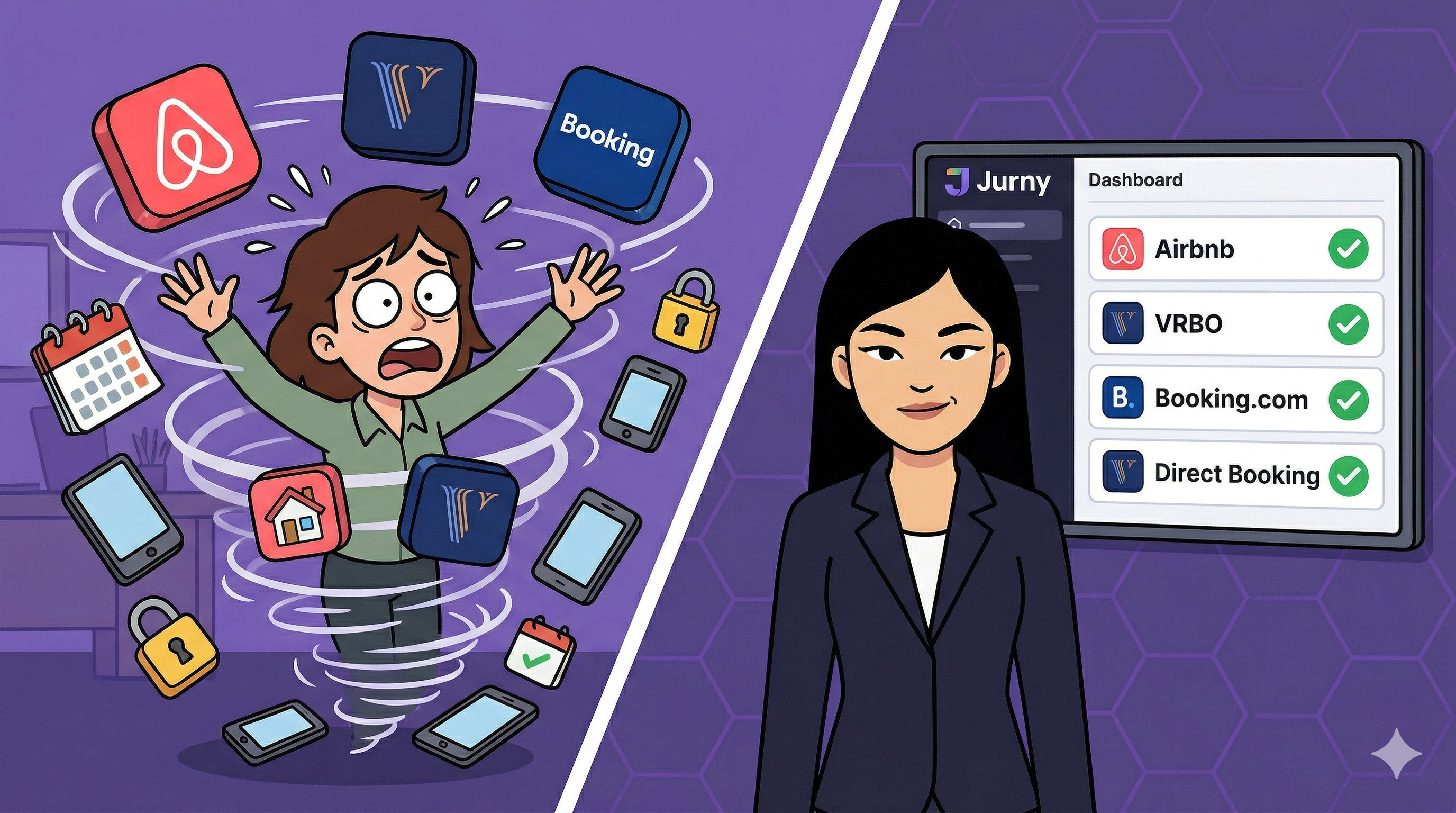Property manager reviewing multi-channel vacation rental distribution dashboard with AI insights on screen