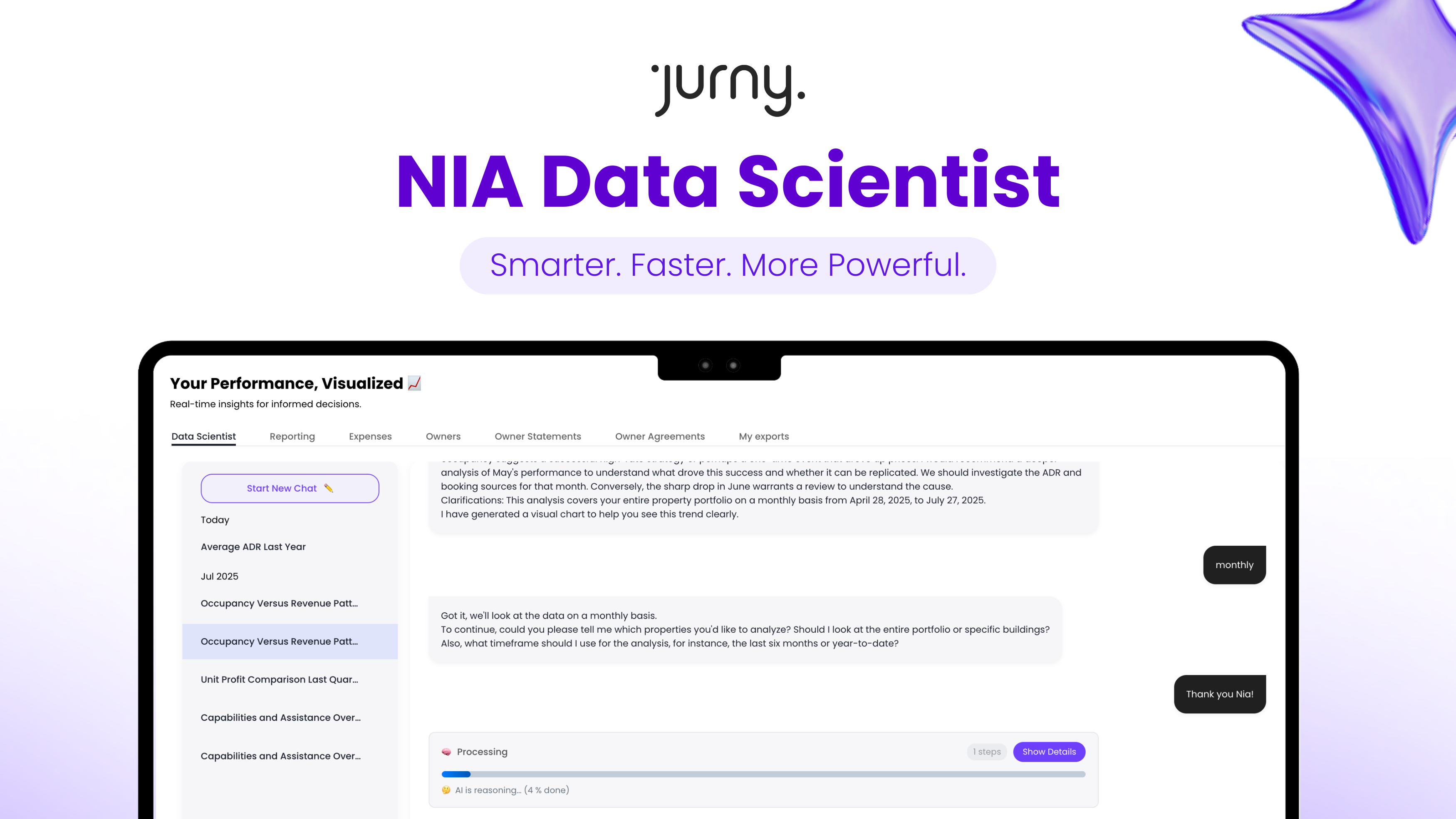Screenshot of a laptop displaying JurnyOS with NIA Data Scientist, symbolizing AI-powered hospitality analytics and real-time decision-making.