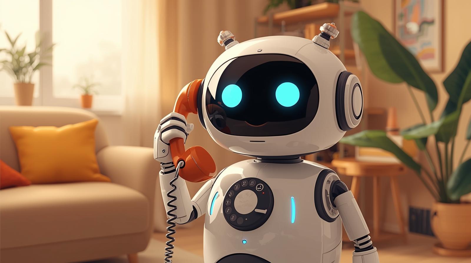 Friendly AI assistant handling Airbnb guest phone inquiries in a living room, representing automated guest messaging without robotic interactions.