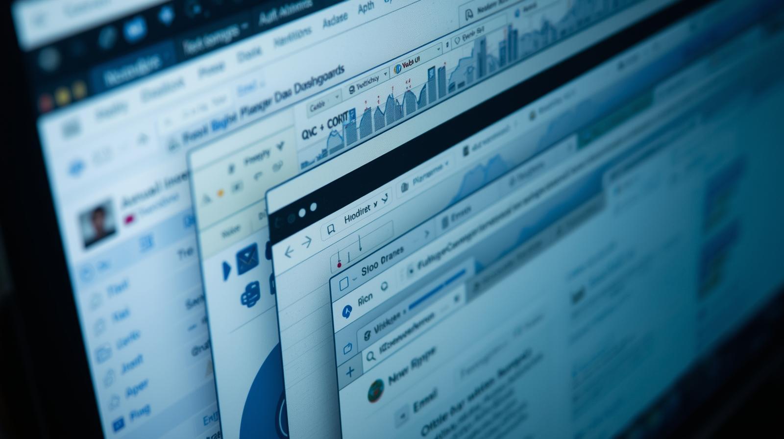 A cluttered computer screen overloaded with multiple dashboards, analytics tabs, and emails, symbolizing tech sprawl in property management and highlighting why Jurny’s unified Agentic AI PMS eliminates the need for endless dashboards.