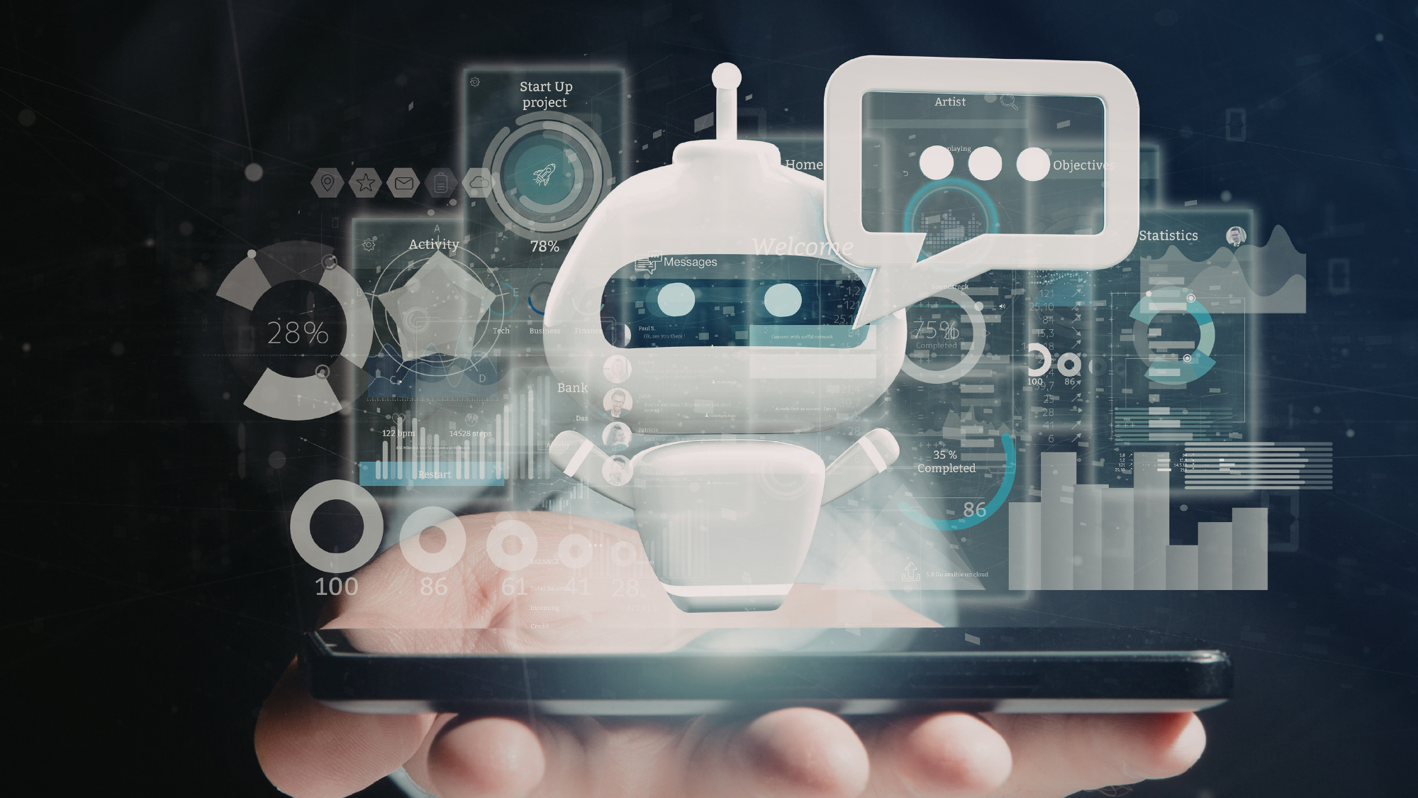 AI-powered chatbot rising from a tablet with data dashboards — illustrating the difference between AI features and true AI infrastructure for short-term rental management.