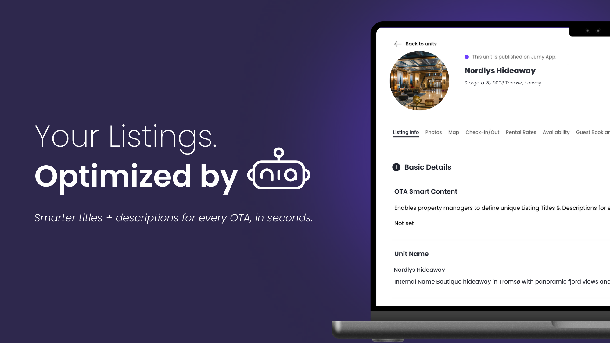 Laptop screen displaying Jurny’s Smart OTA Content feature, symbolizing AI-powered listing optimization across Airbnb, Vrbo, Booking.com, and direct sites.
