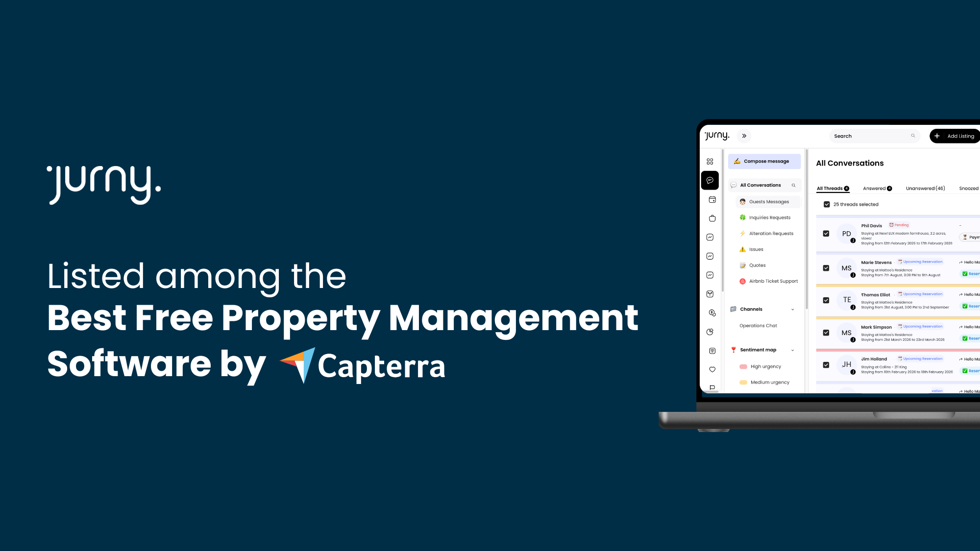 Laptop displaying Jurny’s unified inbox with recognition text on the side, symbolizing Jurny’s 2025 Capterra award as best free property management software.