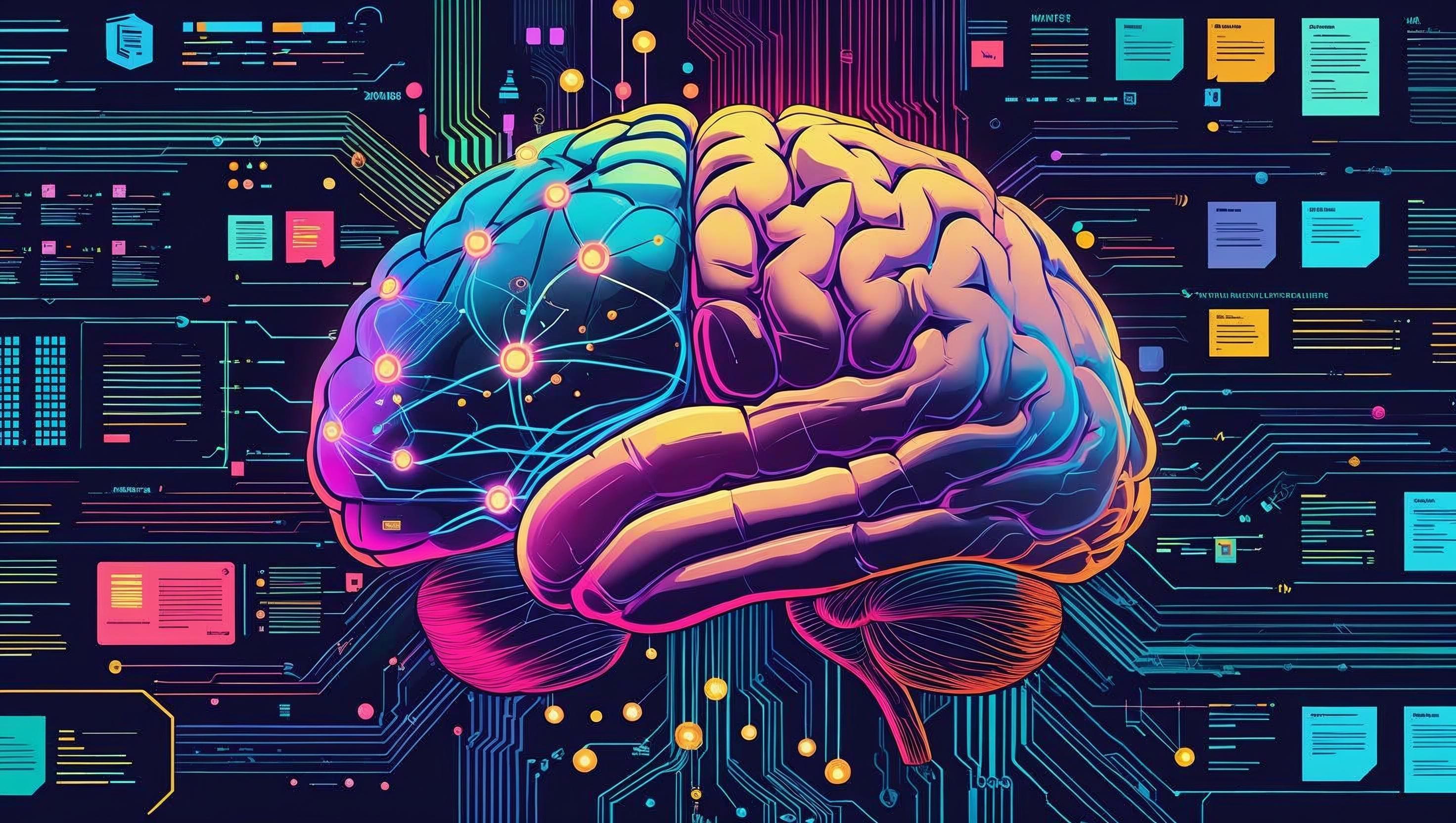 Cartoon futuristic glowing brain analyzing data, symbolizing Jurny’s NIA automating guest messaging with AI-powered templates and dynamic FAQs.