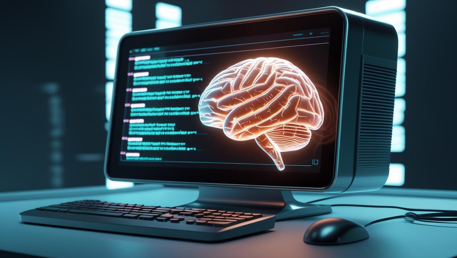 AI-generated glowing brain on a computer screen, symbolizing Jurny’s Intelligent Inbox transforming guest messaging with automation and sentiment analysis.