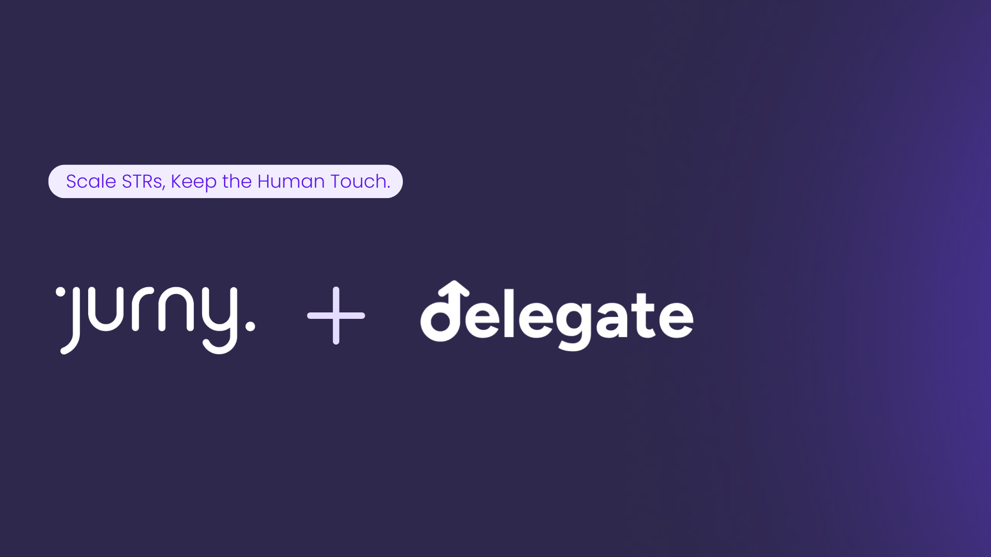Logos of Jurny and Delegate together, symbolizing the AI + human hybrid hospitality model that helps STR operators scale without burnout.