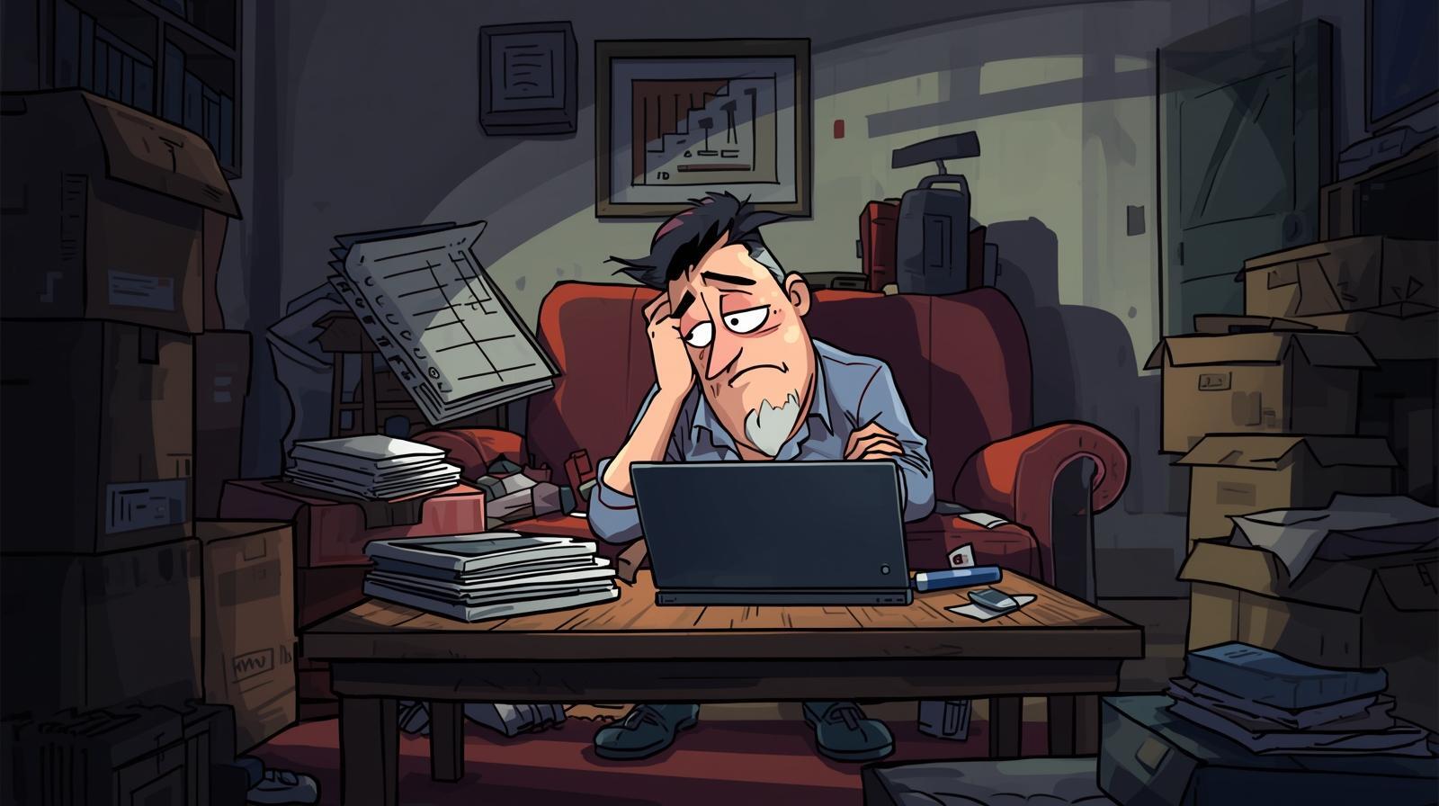 Overwhelmed property manager surrounded by paperwork and boxes while working on a laptop, illustrating the burnout and manual workload caused by fragmented PMS systems and broken integrations.