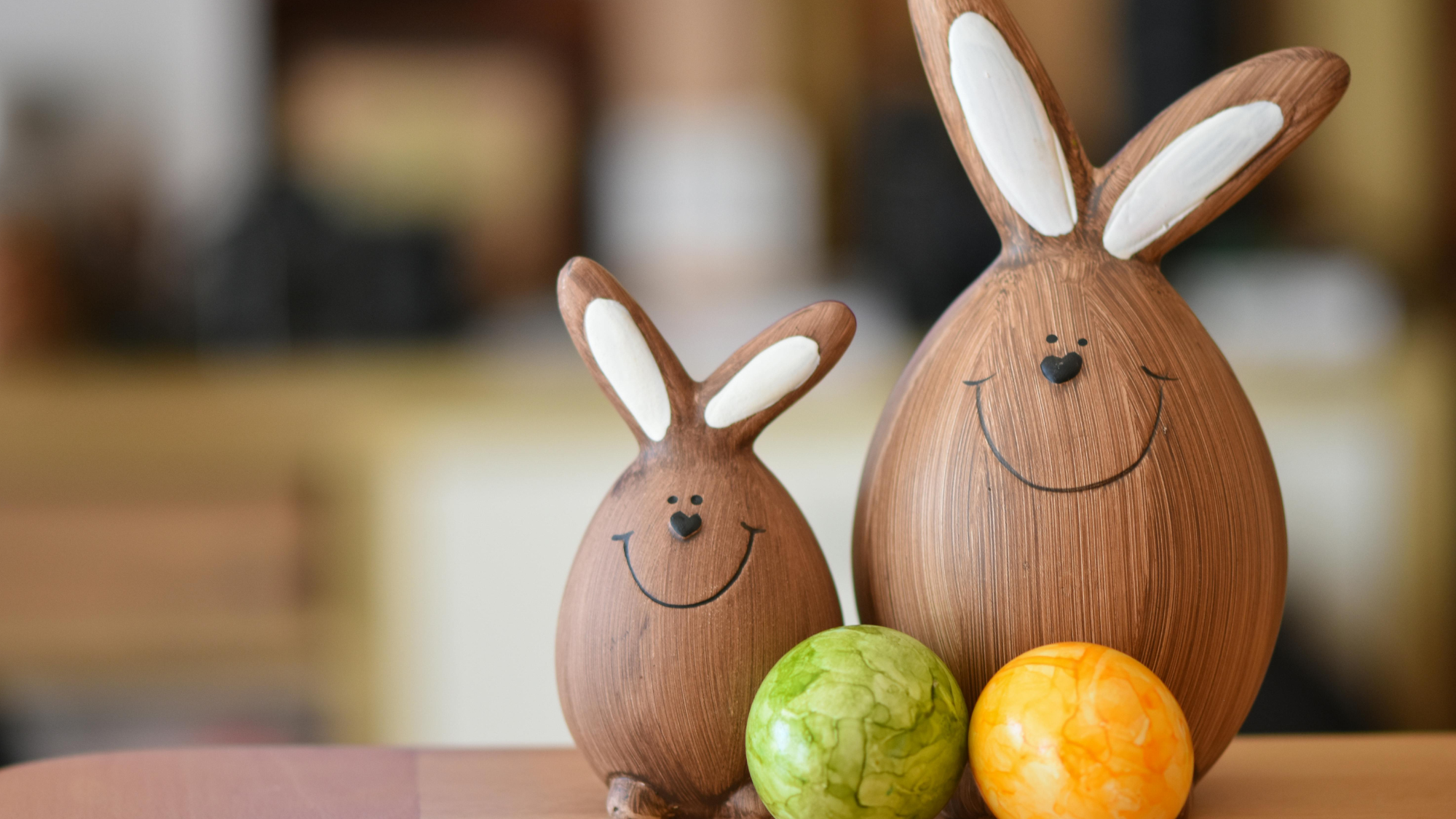 Easter welcome setup with bunny decor and colorful eggs for a holiday weekend upsell.