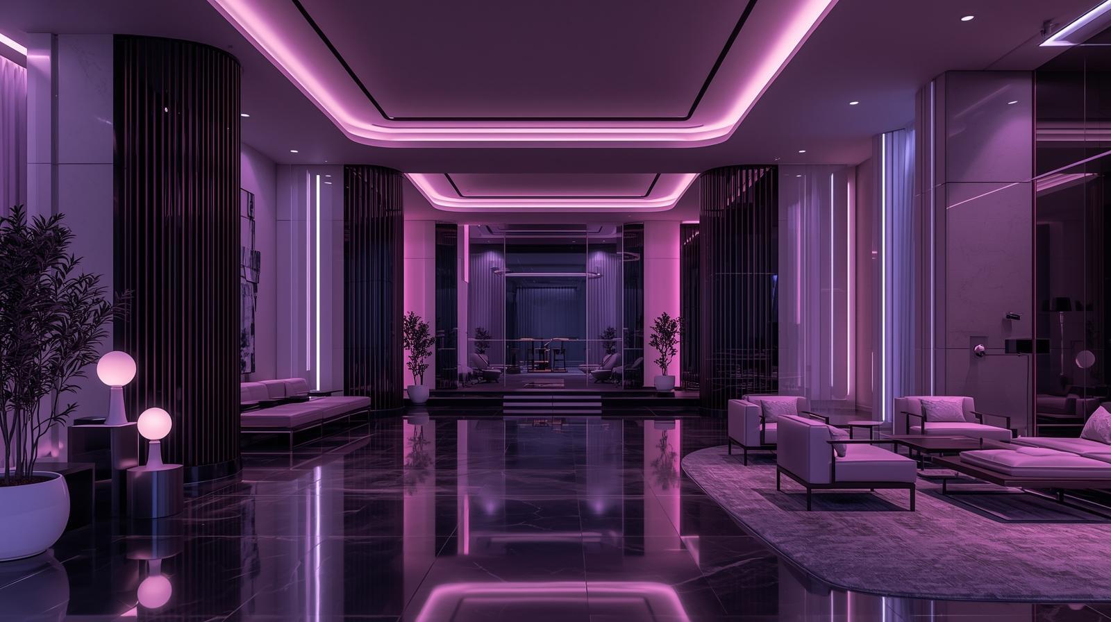 Futuristic boutique hotel lobby illuminated in purple, black, white, and soft pink lighting — representing luxury, modern hospitality, and Jurny’s Agentic AI innovation replacing legacy PMS systems.