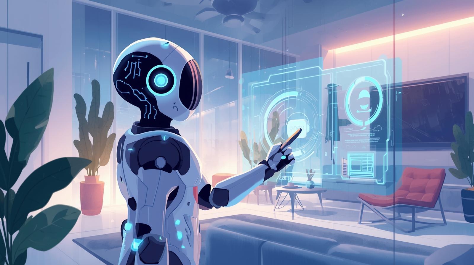 Futuristic AI co-pilot interacting with a smart rental dashboard inside a modern apartment, representing Jurny’s agentic AI NIA helping property managers automate guest messaging, operations, and decision-making.
