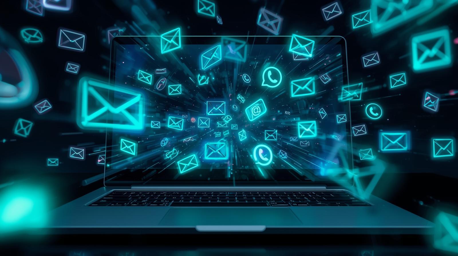 Unified inbox for vacation rentals showing email, SMS, and WhatsApp guest messages in one laptop screen