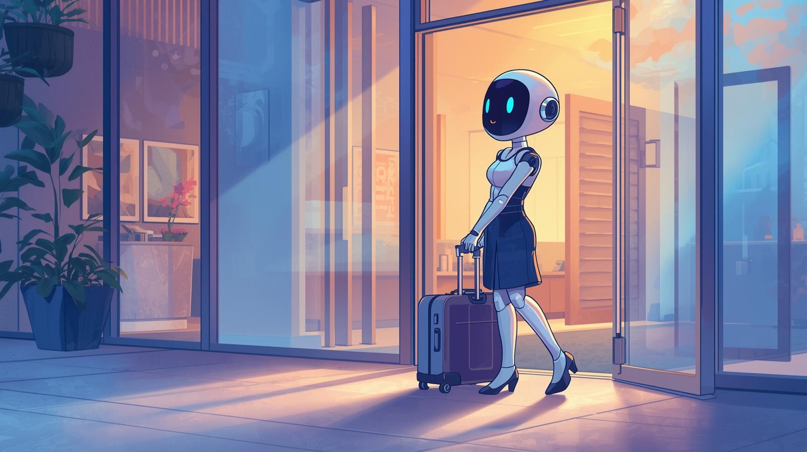 Illustration of a futuristic humanoid robot with luggage standing outside a modern hotel, symbolizing the rise of agentic AI and automation in next-generation hospitality operations.
