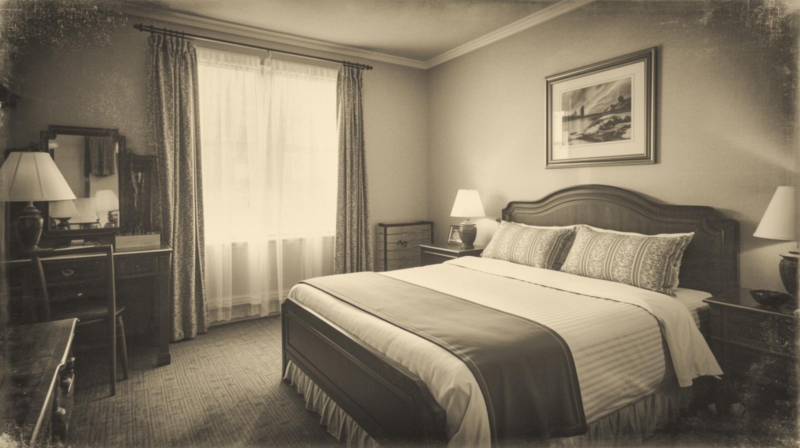 Vintage-style photo of an old-fashioned vacation rental bedroom symbolizing outdated short-term rental systems, representing the shift to modern Agentic AI automation with Jurny.