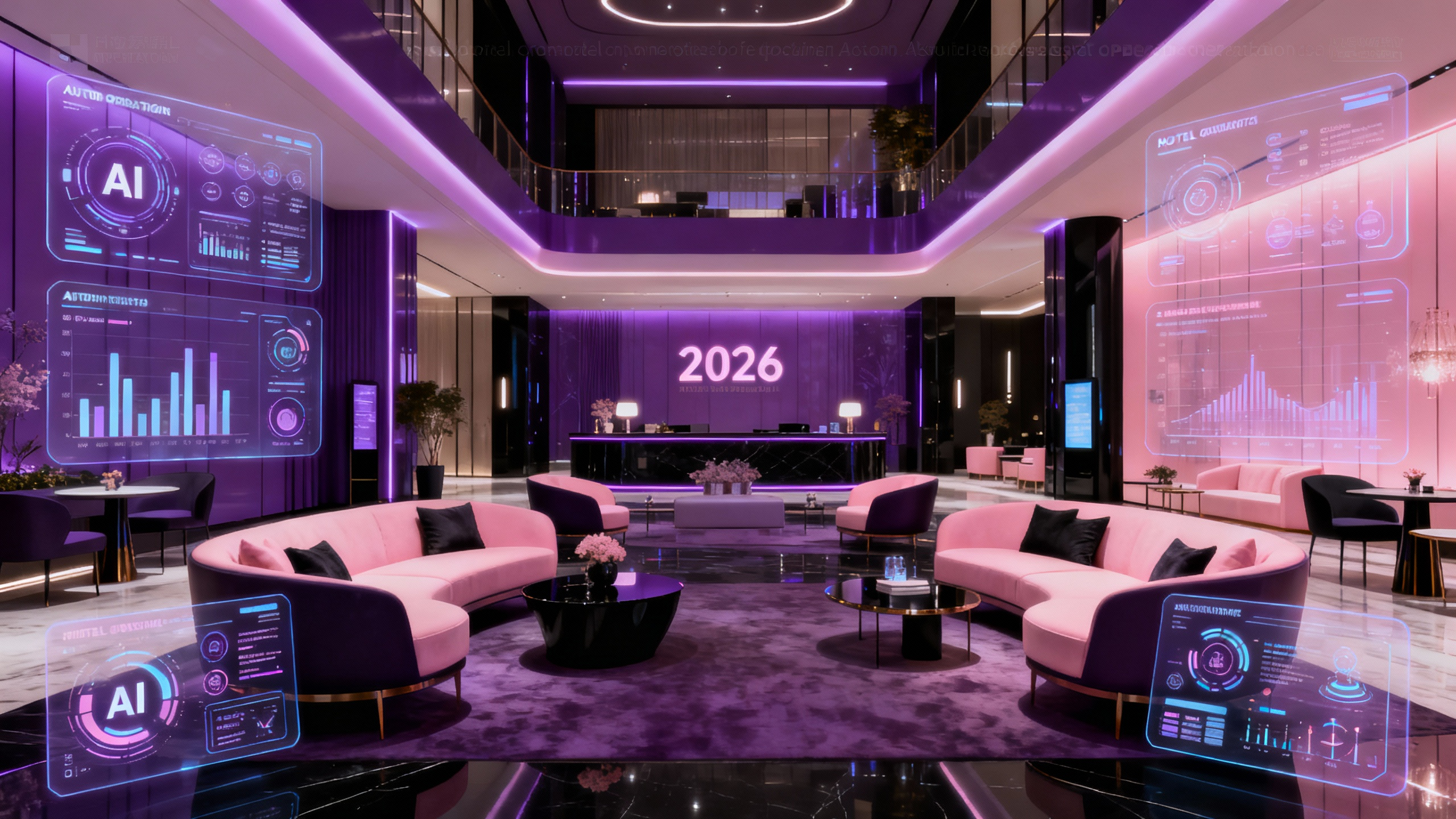 Futuristic hospitality concept with digital AI interface controlling hotel operations, symbolizing the transition from automation to autonomy in 2026.