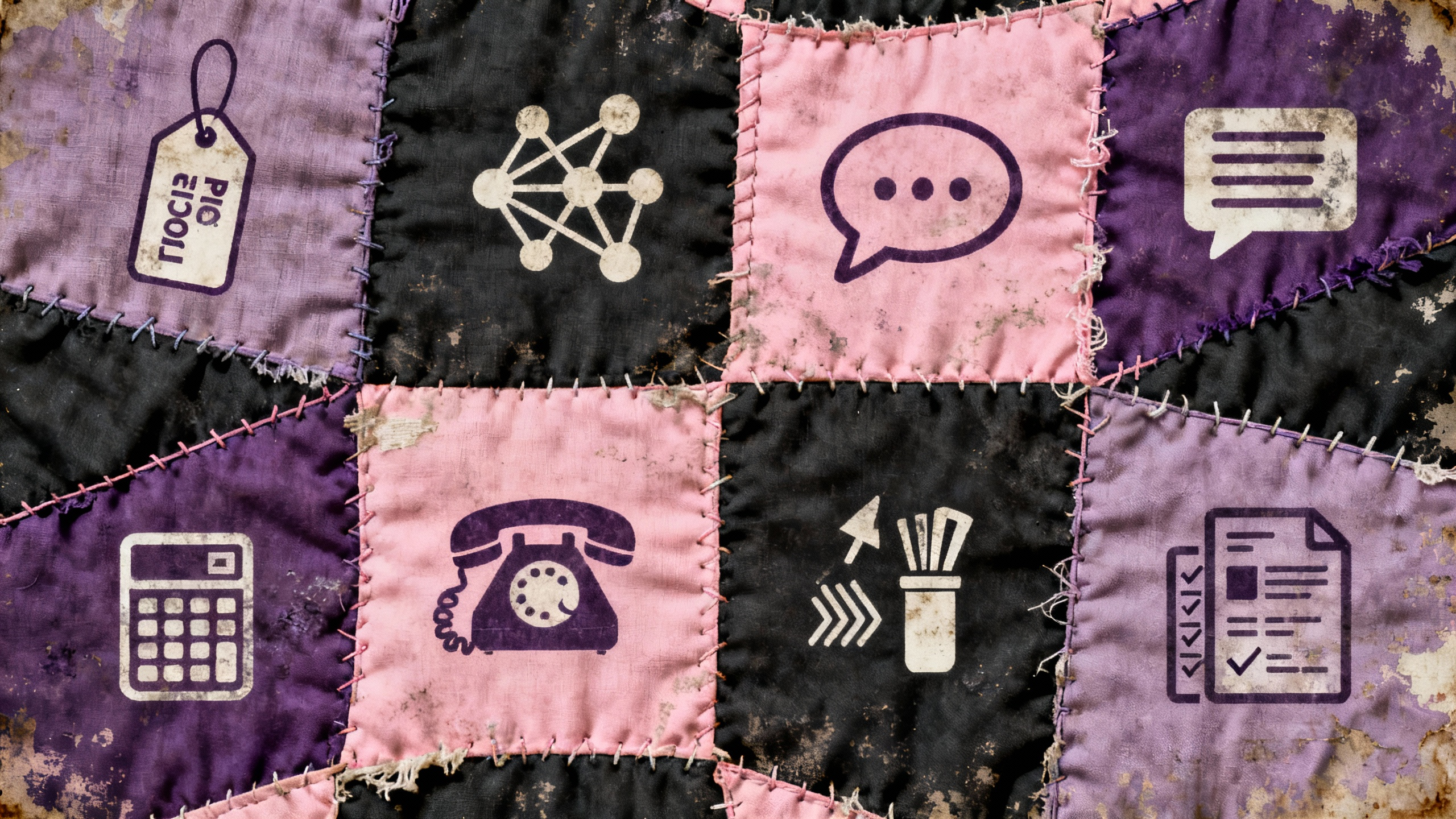 Visual metaphor of tech sprawl represented by a patchwork quilt in purple, black, and pink tones, with mismatched technology icons symbolizing fragmented property management systems before unification through Jurny’s Agentic AI PMS.