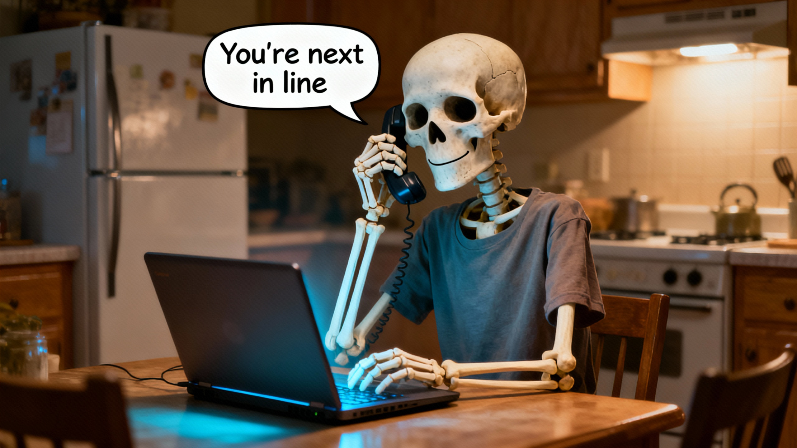 A humorous image of a skeleton sitting at a kitchen table, waiting on hold with a phone and laptop, representing the frustration of long customer support wait times in legacy PMS systems.