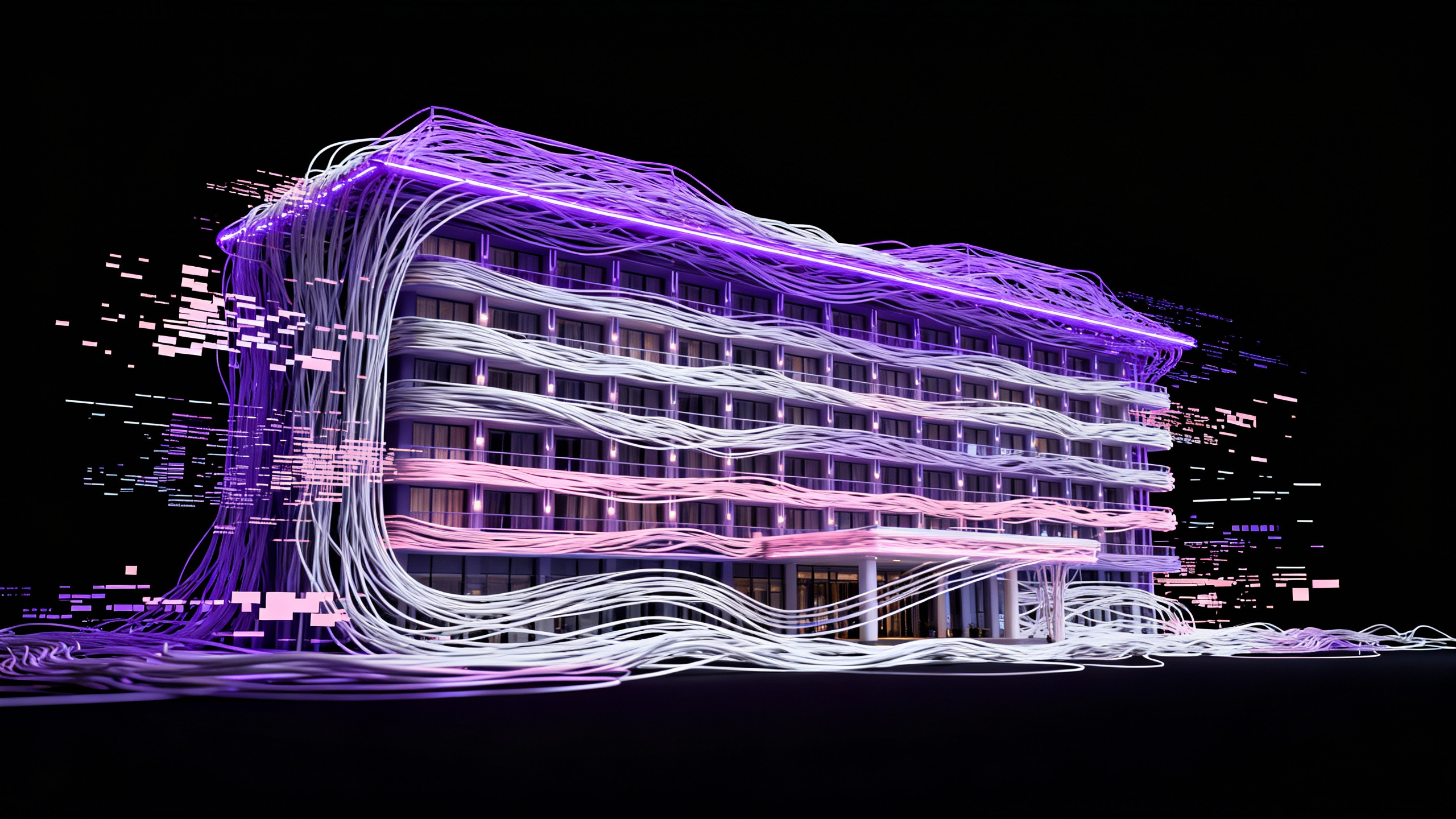 Abstract digital hotel illustration representing the shift from legacy PMS fragmentation to unified Agentic AI systems.