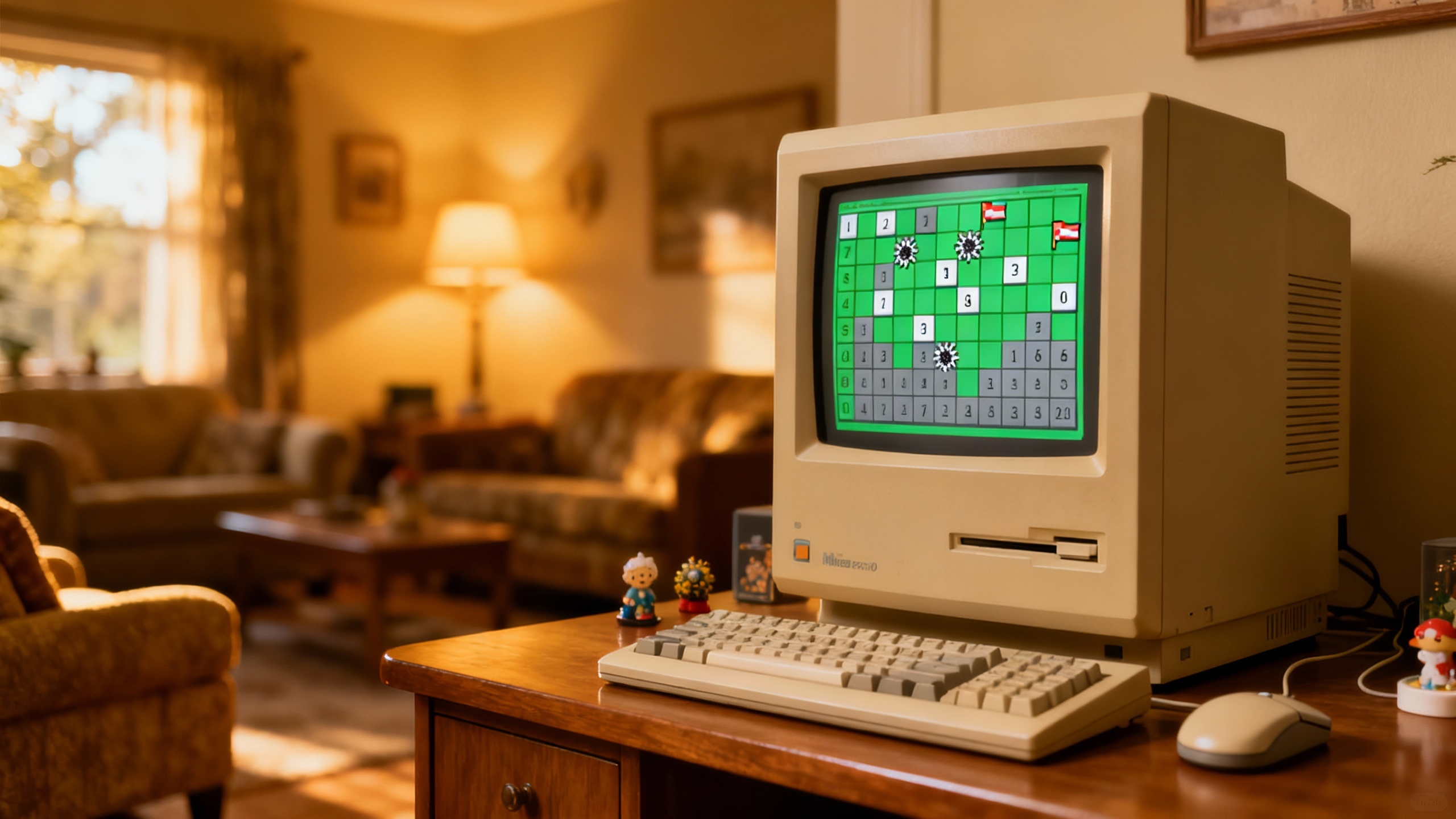 A vintage beige desktop computer running an old game on a green screen, sitting on a wooden desk in a cozy retro living room — symbolizing outdated STR software and legacy technology.