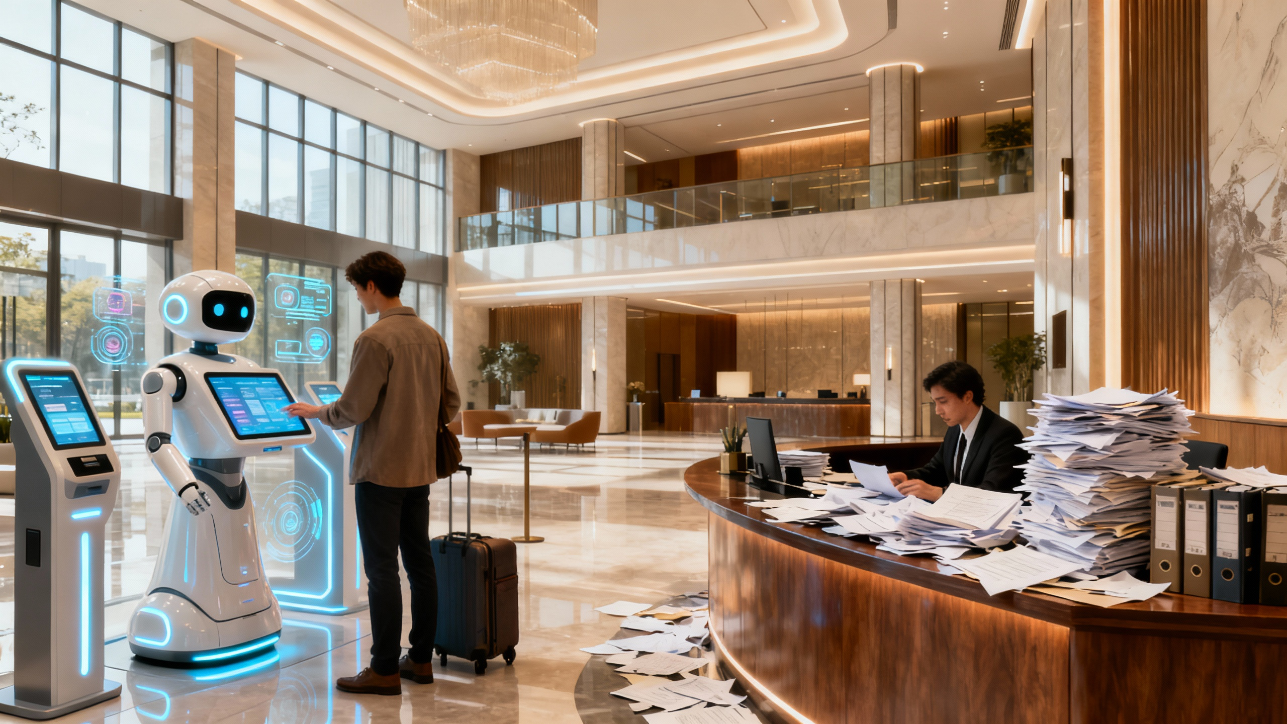 A modern hotel lobby where a guest interacts with a futuristic AI robot concierge, while a human receptionist struggles behind a desk buried in paperwork — symbolizing the contrast between legacy PMS and Agentic AI efficiency.