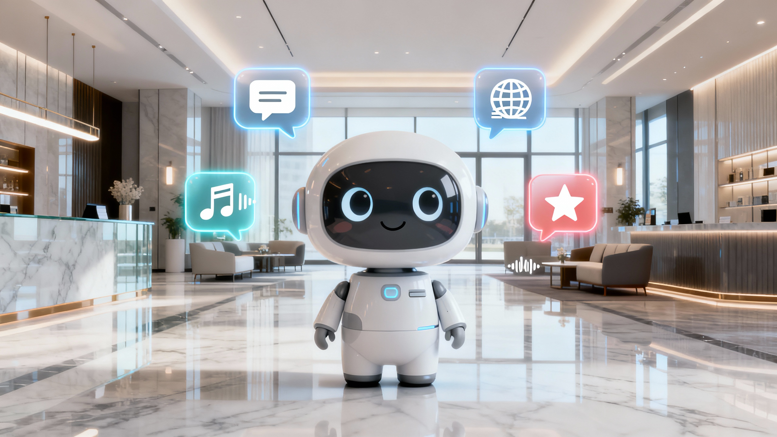 A cartoonish AI concierge greeting guests in a sleek hotel lobby, with multiple chat icons floating around.