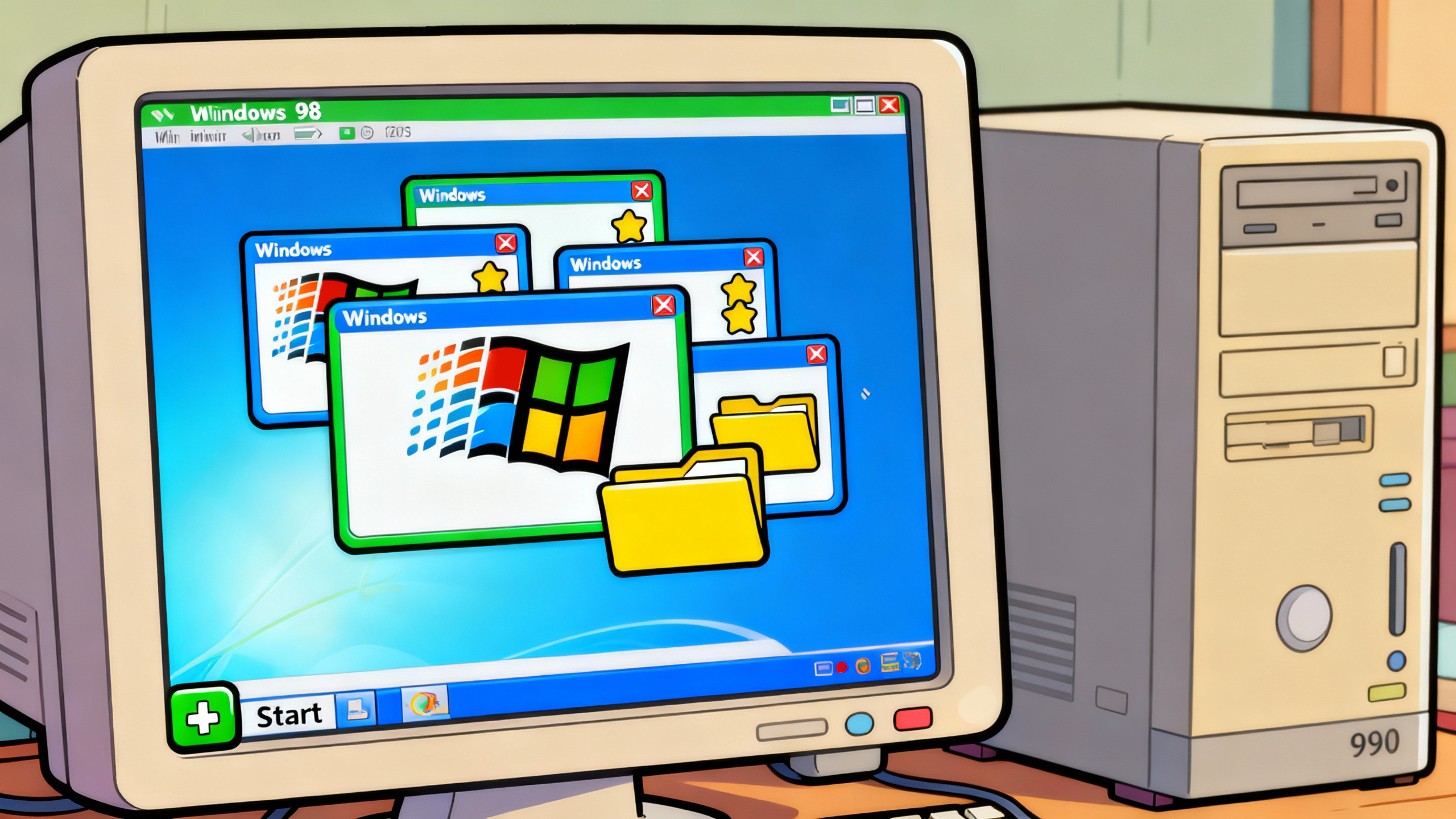 A cartoonish old desktop computer running outdated Windows software with overlapping windows, symbolizing legacy PMS systems that haven’t evolved for modern hospitality.