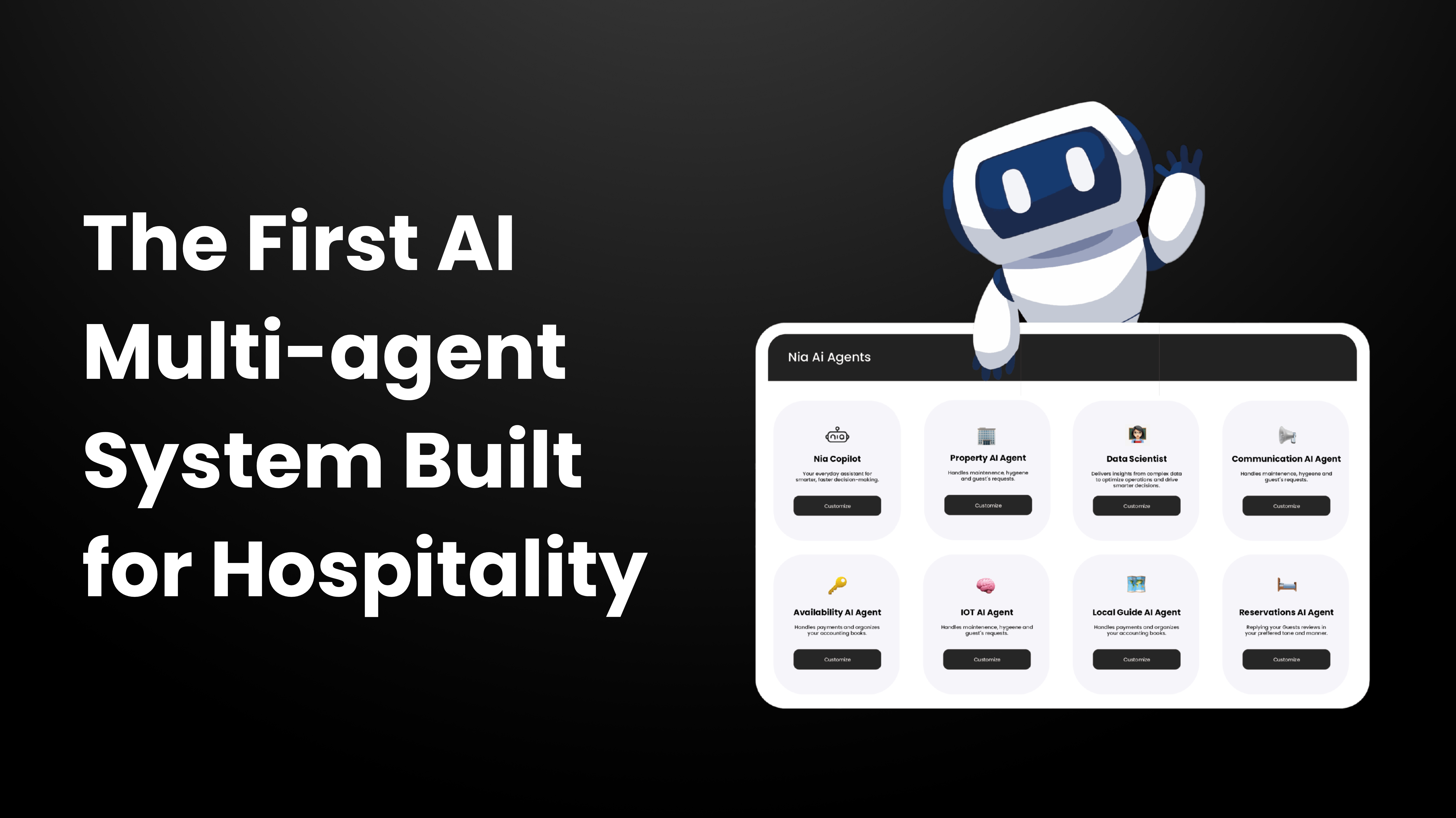 Cartoon illustration of Jurny’s Nia Copilot with multiple AI agents in a screenshot, symbolizing hospitality automation for messaging, reviews, tasks, and upsells.