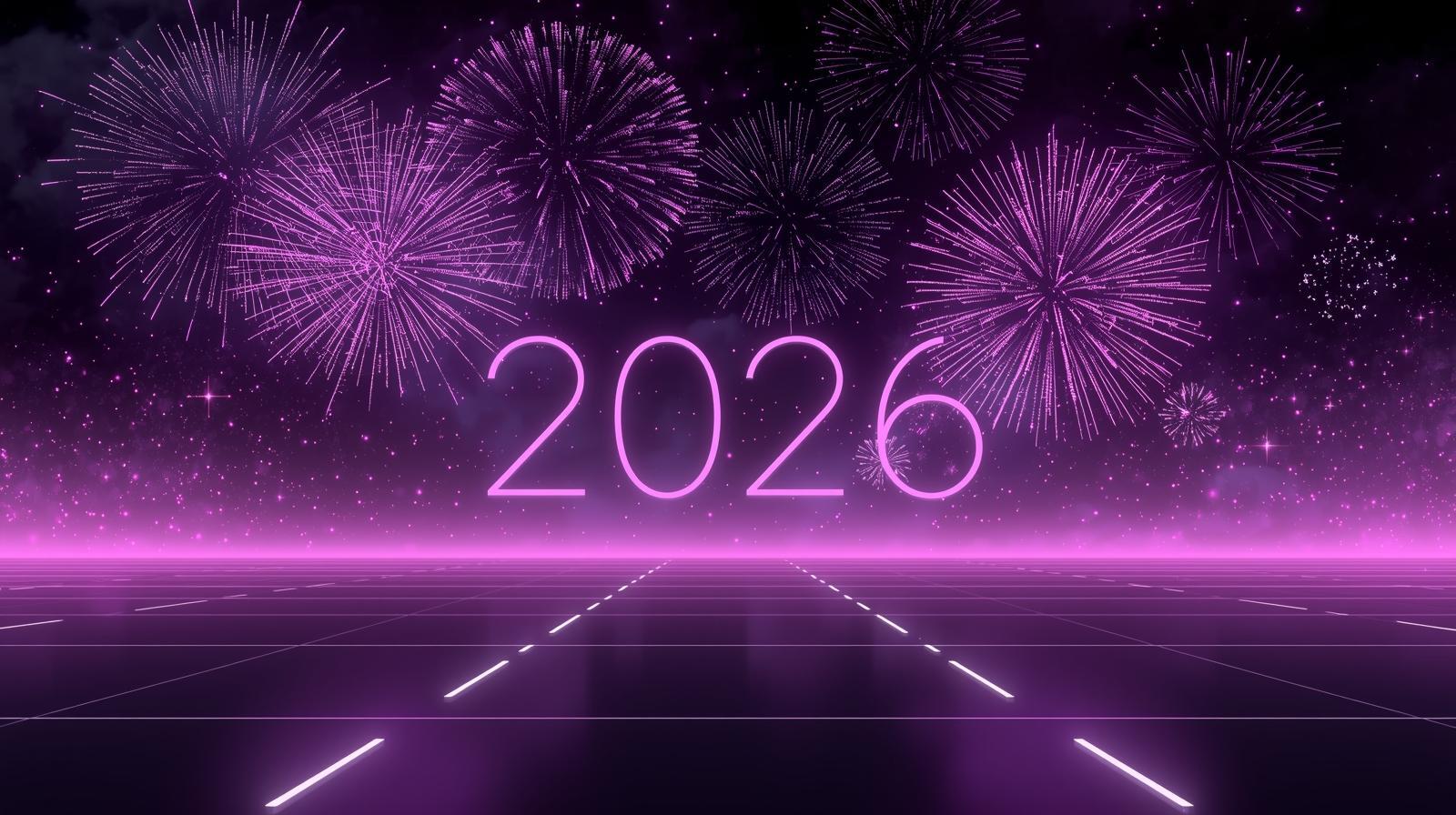 Futuristic 2026 New Year fireworks, symbolizing the start of a new era in hospitality technology and Agentic AI-powered automation.