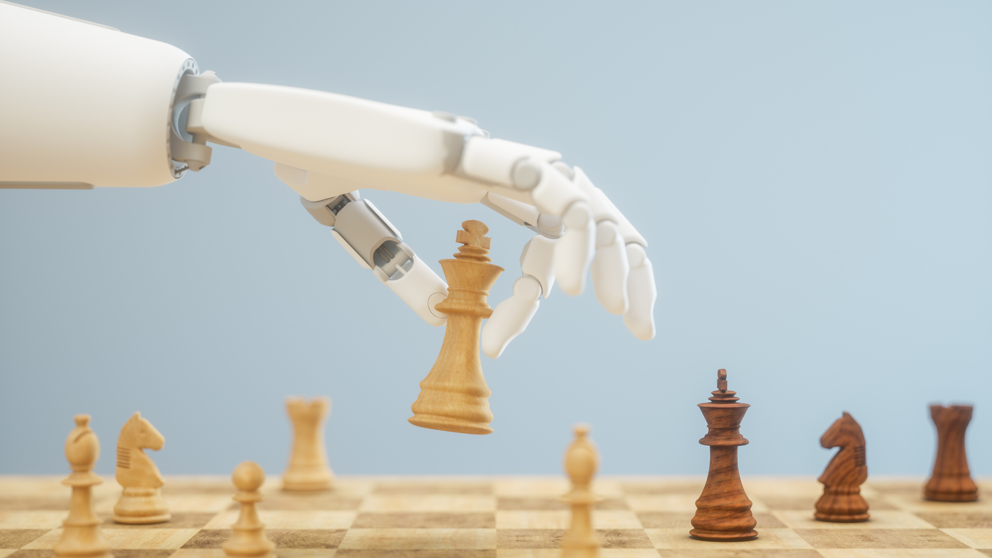 Robotic hand playing chess, symbolizing Jurny’s AI-enhanced booking engine helping hospitality operators outsmart OTAs and boost direct revenue.