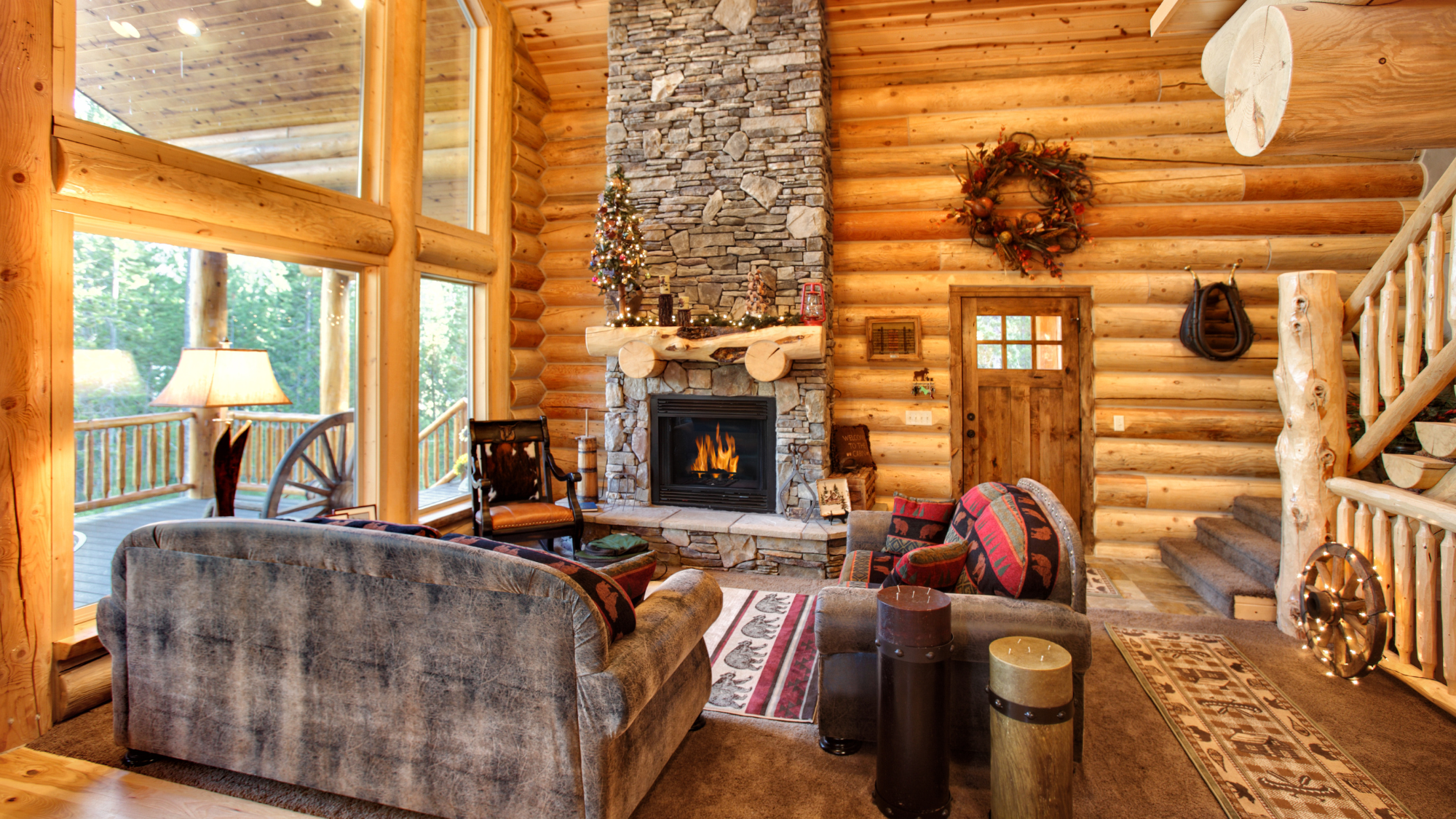 Cozy winter cabin interior with a warm fireplace and rustic wooden decor, symbolizing comfort, automation, and modern hospitality powered by Agentic AI technology.