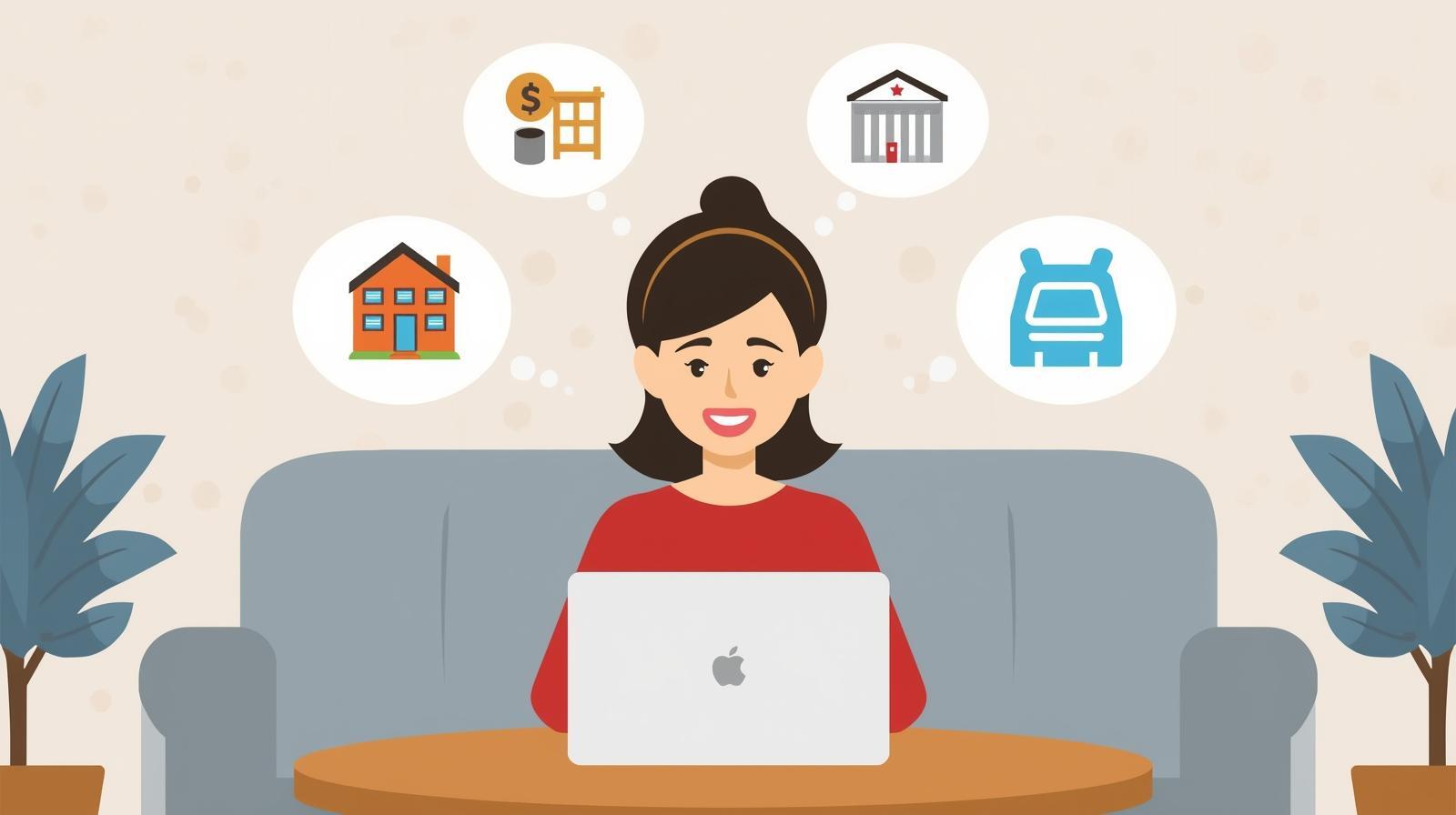llustration of a property manager sitting on a couch with a laptop, thinking about upsells like early check-in, late check-out, parking, and add-on services represented as icons above her head.
